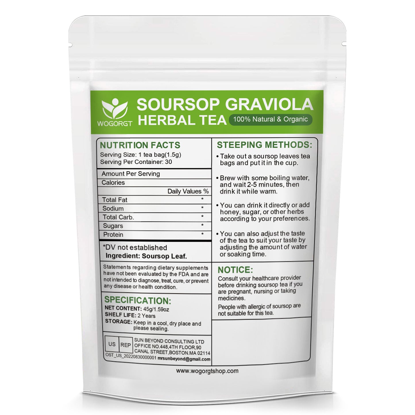 Natural Soursop Leaves Tea - Dried Soursop Graviola Leaves Herbal Tea bags for Immune Support, Antioxidant - Guanabana Leaves - Caffeine Free - 30 Tea Bags