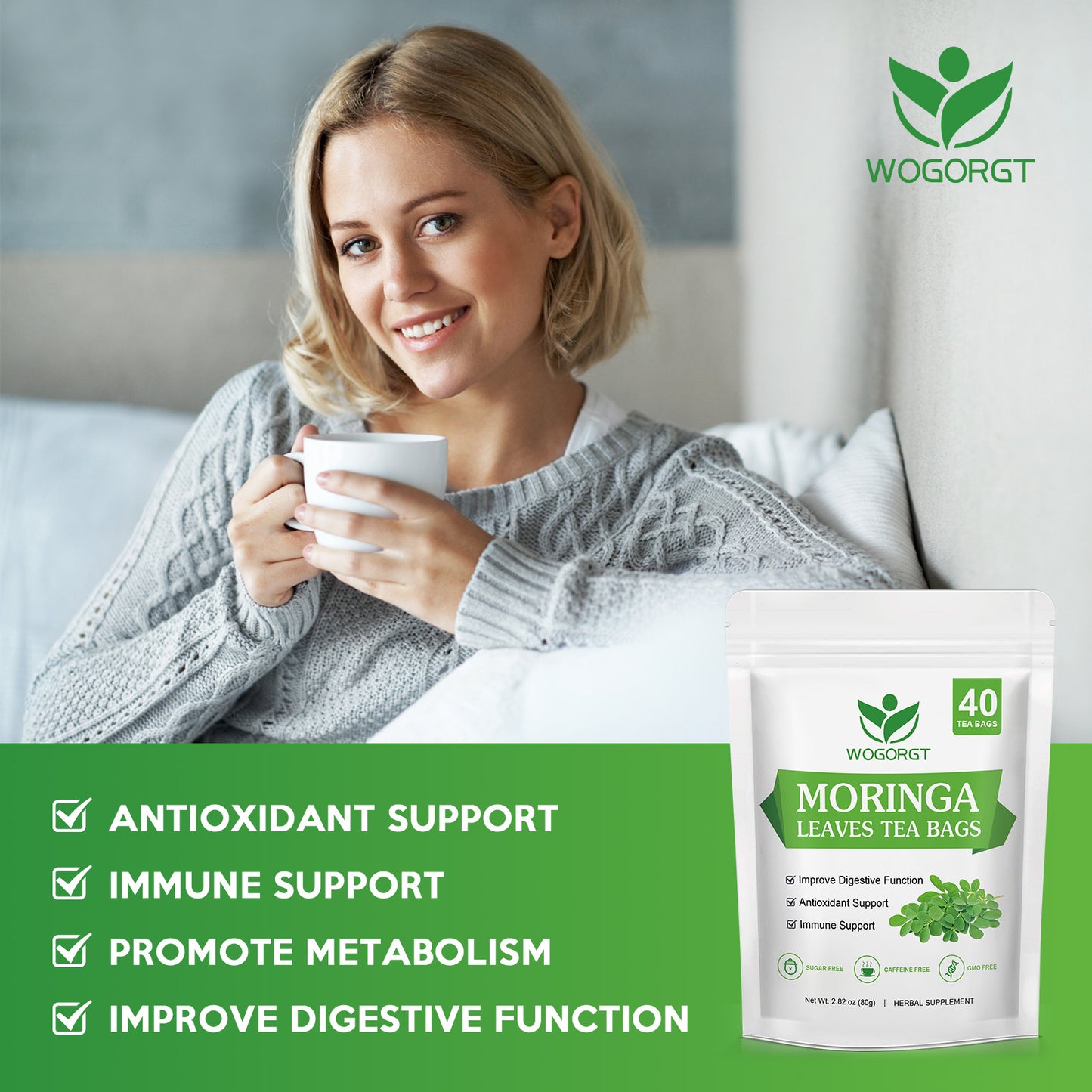 Organic Moringa Tea Bags - Pure Moringa Leaves Herbal Tea from India - Rich in Natural Antioxidants & Supports Daily Wellness - Caffeine Free, Sugar Free, Vegan - 40 Tea Bags