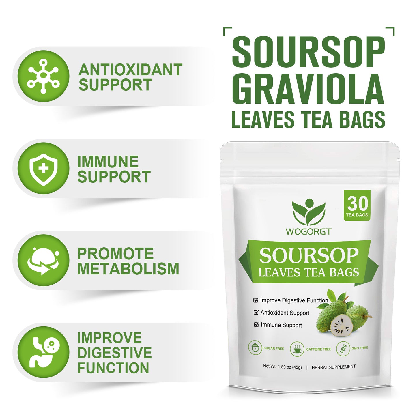 Natural Soursop Leaves Tea - Dried Soursop Graviola Leaves Herbal Tea bags for Immune Support, Antioxidant - Guanabana Leaves - Caffeine Free - 30 Tea Bags