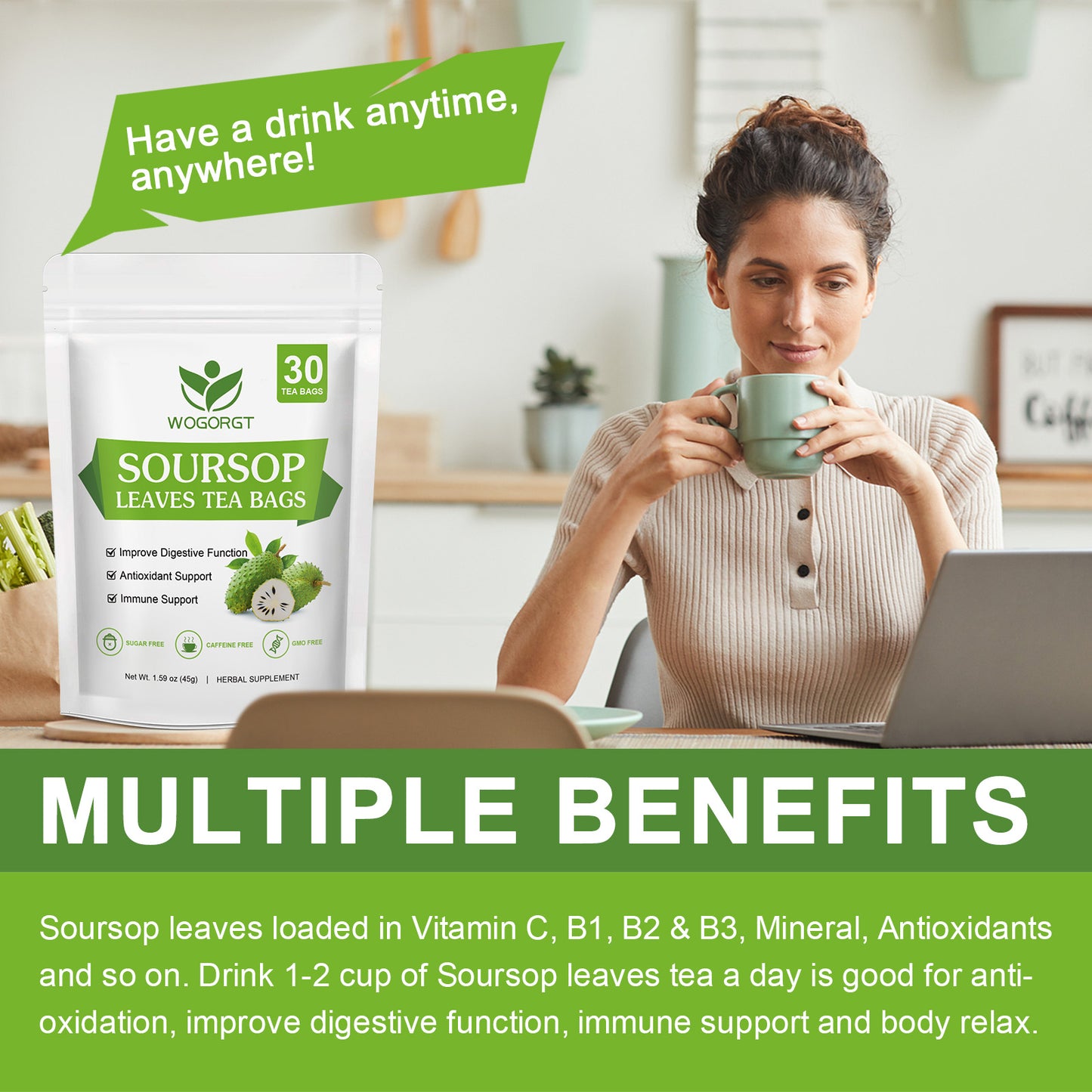 Natural Soursop Leaves Tea - Dried Soursop Graviola Leaves Herbal Tea bags for Immune Support, Antioxidant - Guanabana Leaves - Caffeine Free - 30 Tea Bags
