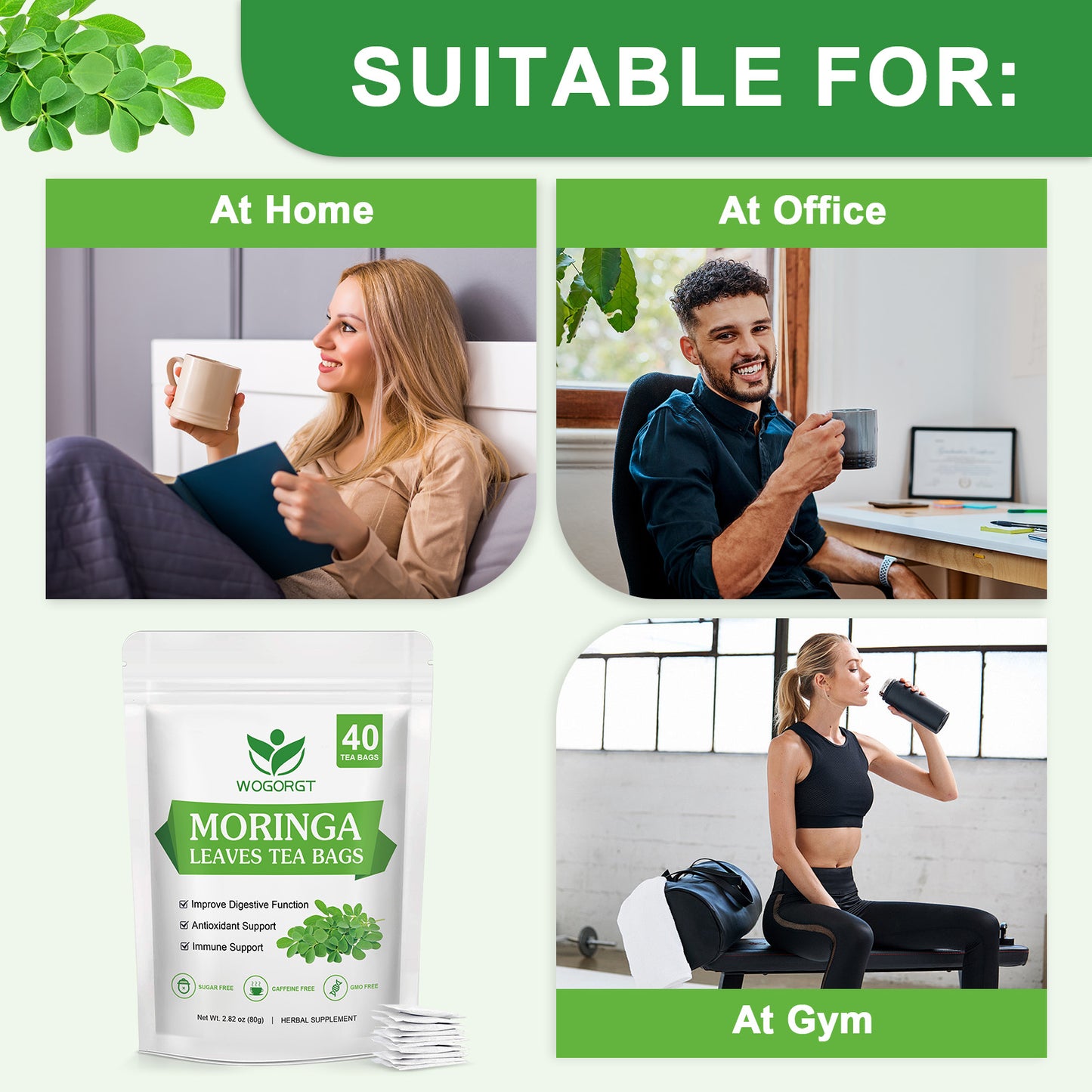 Organic Moringa Tea Bags - Pure Moringa Leaves Herbal Tea from India - Rich in Natural Antioxidants & Supports Daily Wellness - Caffeine Free, Sugar Free, Vegan - 40 Tea Bags