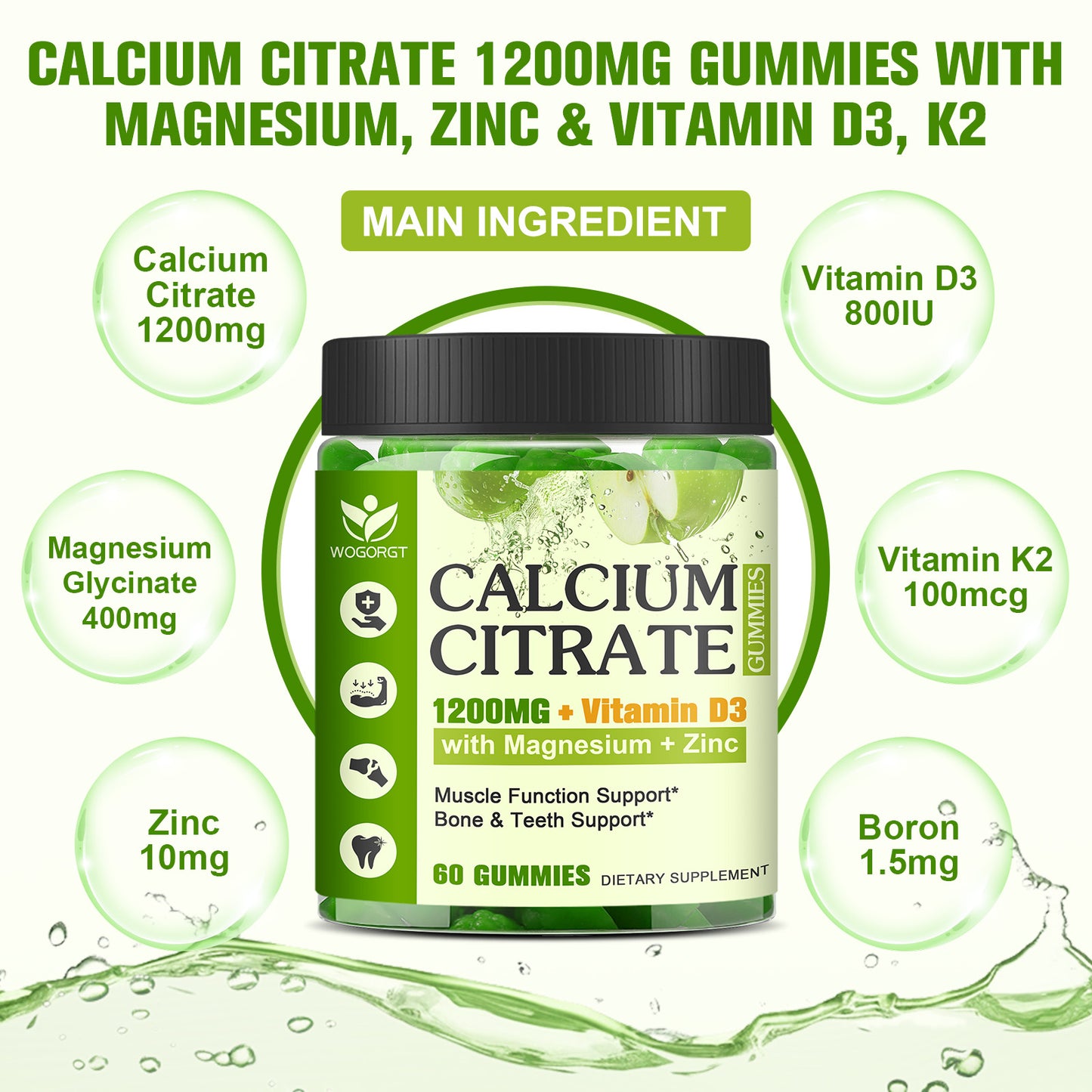 (2Pack) Calcium Citrate 1200mg Supplement with Vitamin D3 Gummies for Women and Men - Chewable Calcium Magnesium Zinc D3 K2 Supplement for Bone, Teeth, Immune Support, Apple Flavor - 60 Gummies