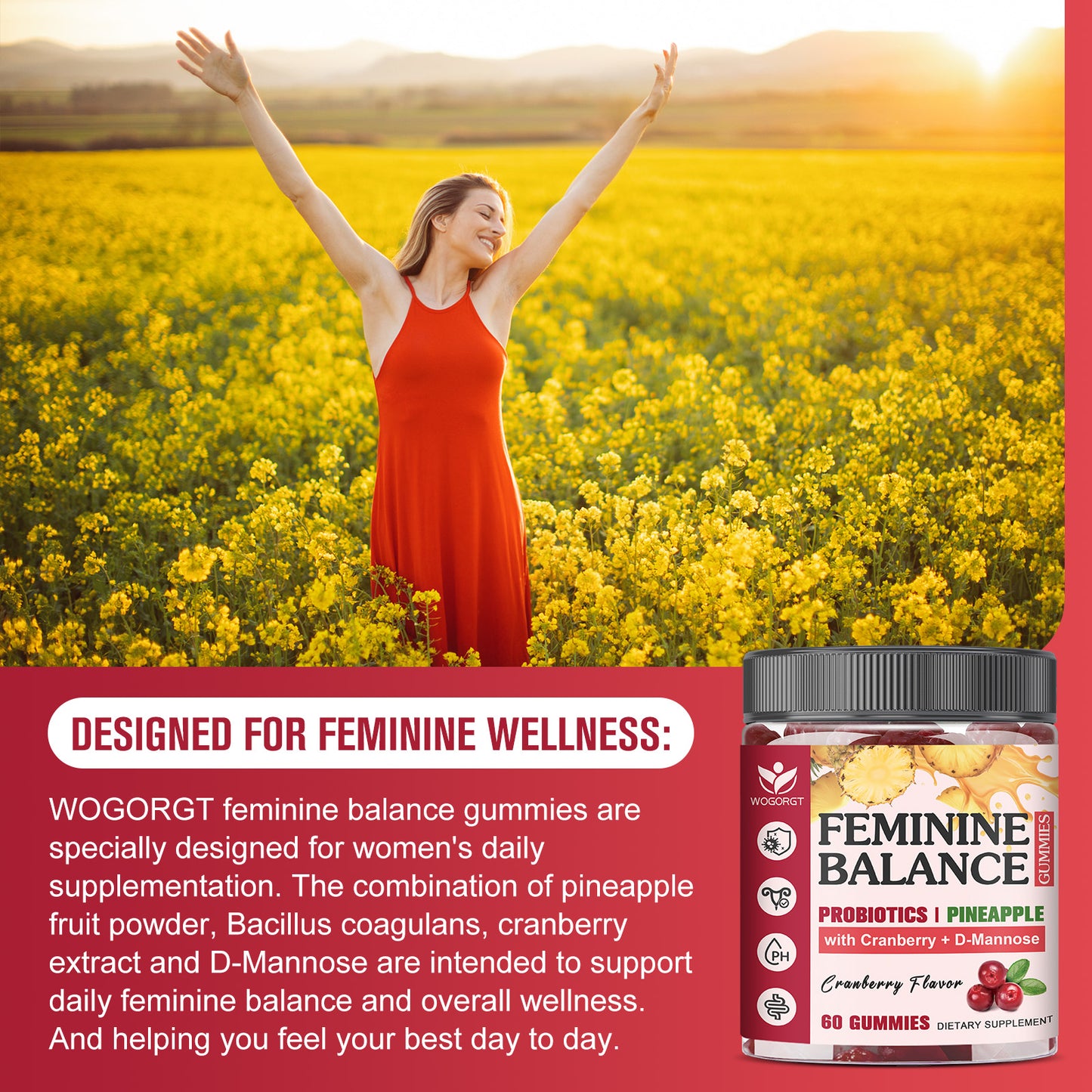 (1pack) Premium Feminine Balance Gummies for Women - Pineapple Probiotics Gummies with Cranberry Extract and D-Mannose, pH Balance Support, Freshness, Sugar Free, Vegan, Cranberry Flavor - 60 Gummies