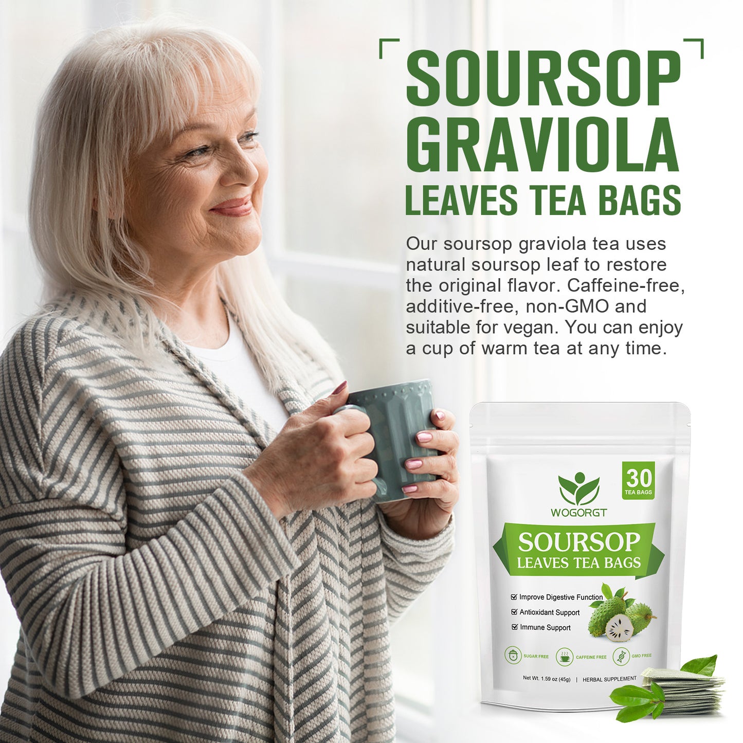 Natural Soursop Leaves Tea - Dried Soursop Graviola Leaves Herbal Tea bags for Immune Support, Antioxidant - Guanabana Leaves - Caffeine Free - 30 Tea Bags