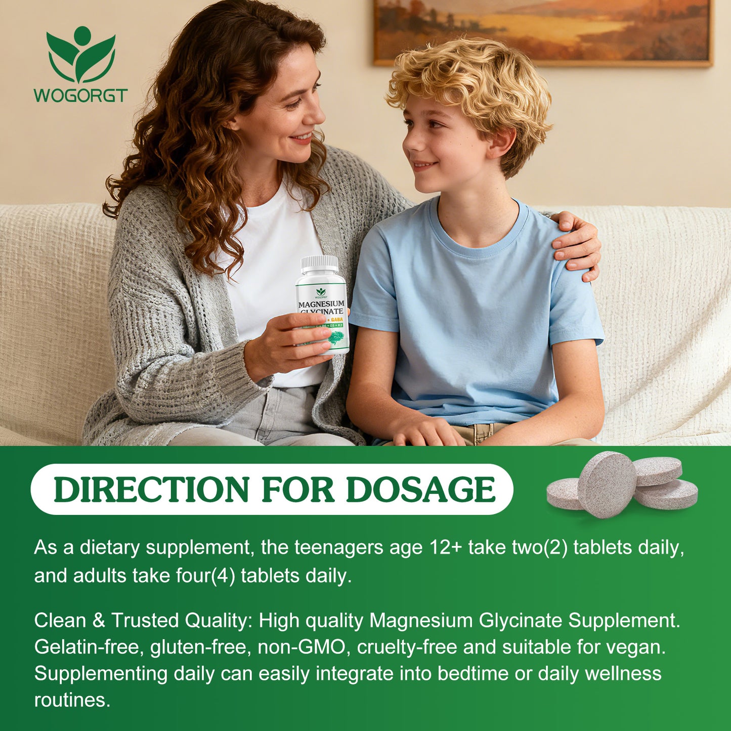 (1Pack) Magnesium Glycinate and L-Theanine Supplement - Relaxation & Cognition Support - 400mg Magnesium Supplement with L-Theanine, GABA, Chamomile, B6, D3 & K2 for Adults & Teens, Vegan - 240 Tablets