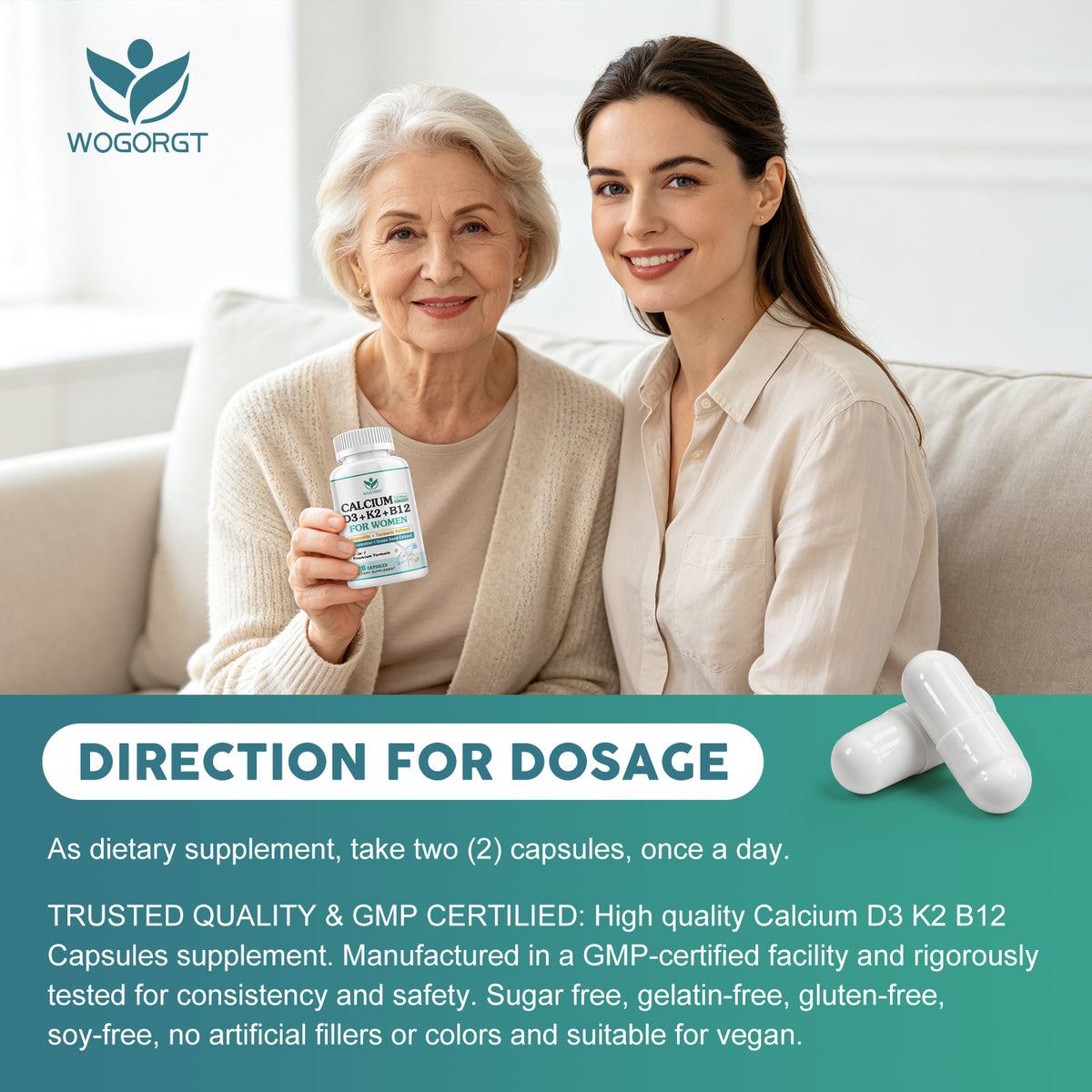 (1Pack) 1200mg Calcium D3 K2 B12 Supplement for Women, Calcium Citrate with Vitamin D3 K2 B12, Resveratrol, Grape Seed Extract for Bone & Teeth Support, Sugar Free, Vegan, 120Ct
