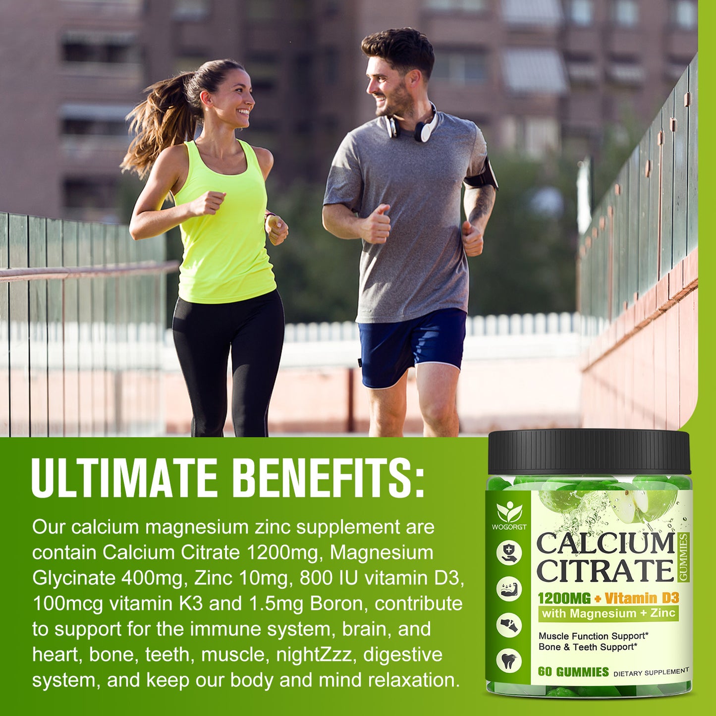 (2Pack) Calcium Citrate 1200mg Supplement with Vitamin D3 Gummies for Women and Men - Chewable Calcium Magnesium Zinc D3 K2 Supplement for Bone, Teeth, Immune Support, Apple Flavor - 60 Gummies