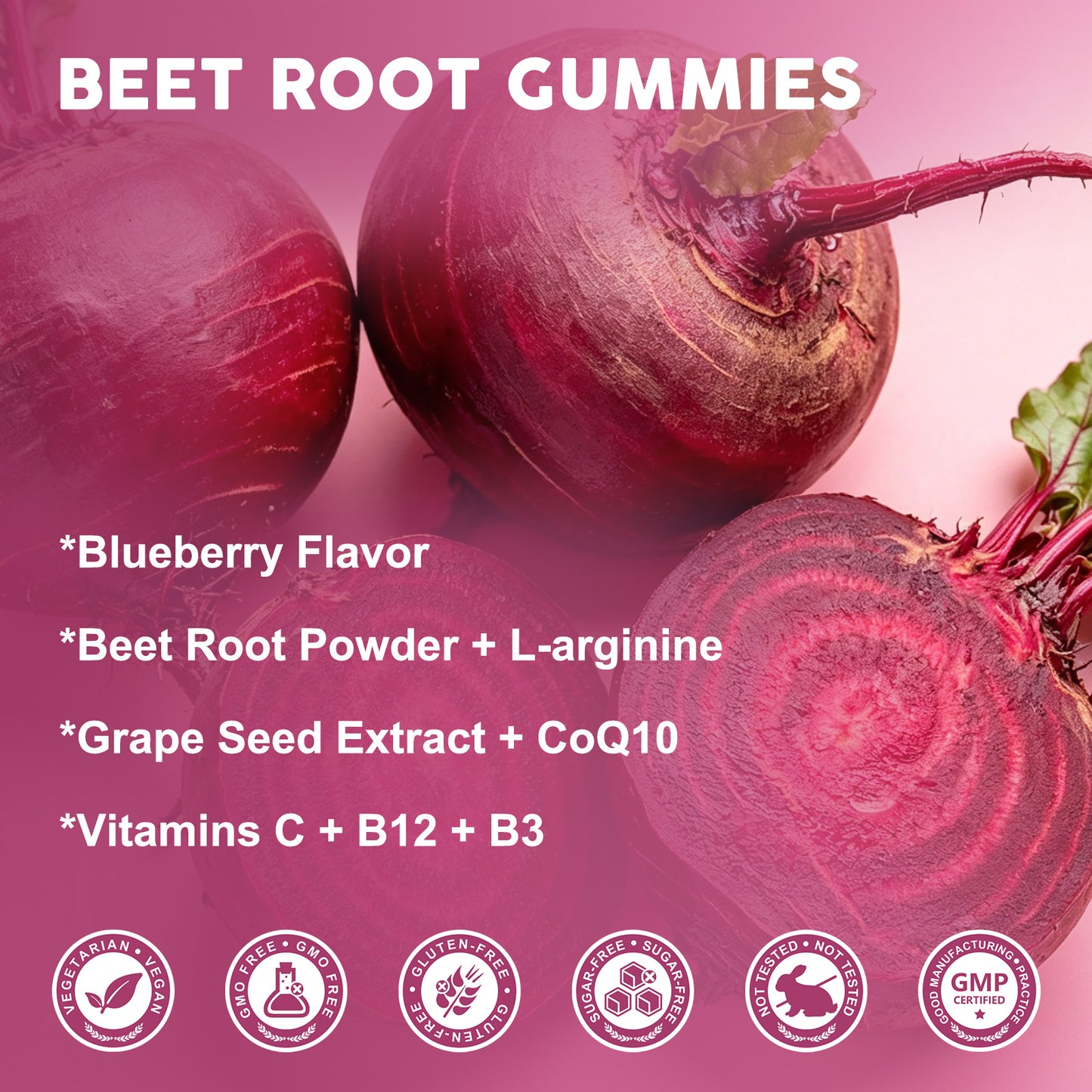 (1pack) Beet Root Gummies for Men & Women - Blood Pressure Support - Beetroot Supplement with Grape Seed Extract, CoQ10, L-Arginine, Vitamin C, B12 & B3 - Vegan, Sugar-Free, Blueberry Flavor, 60 Ct