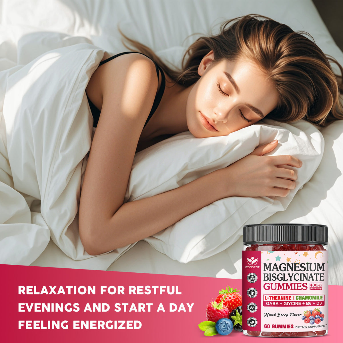 (1pack) Magnesium Bisglycinate Gummies 400mg, Magnesium Bisglycinate Chelated Supplement with L-theanine, GABA for Women & Men, Muscle, Focus Support, Mixed Berry Flavor, Sugar Free, 60 Ct