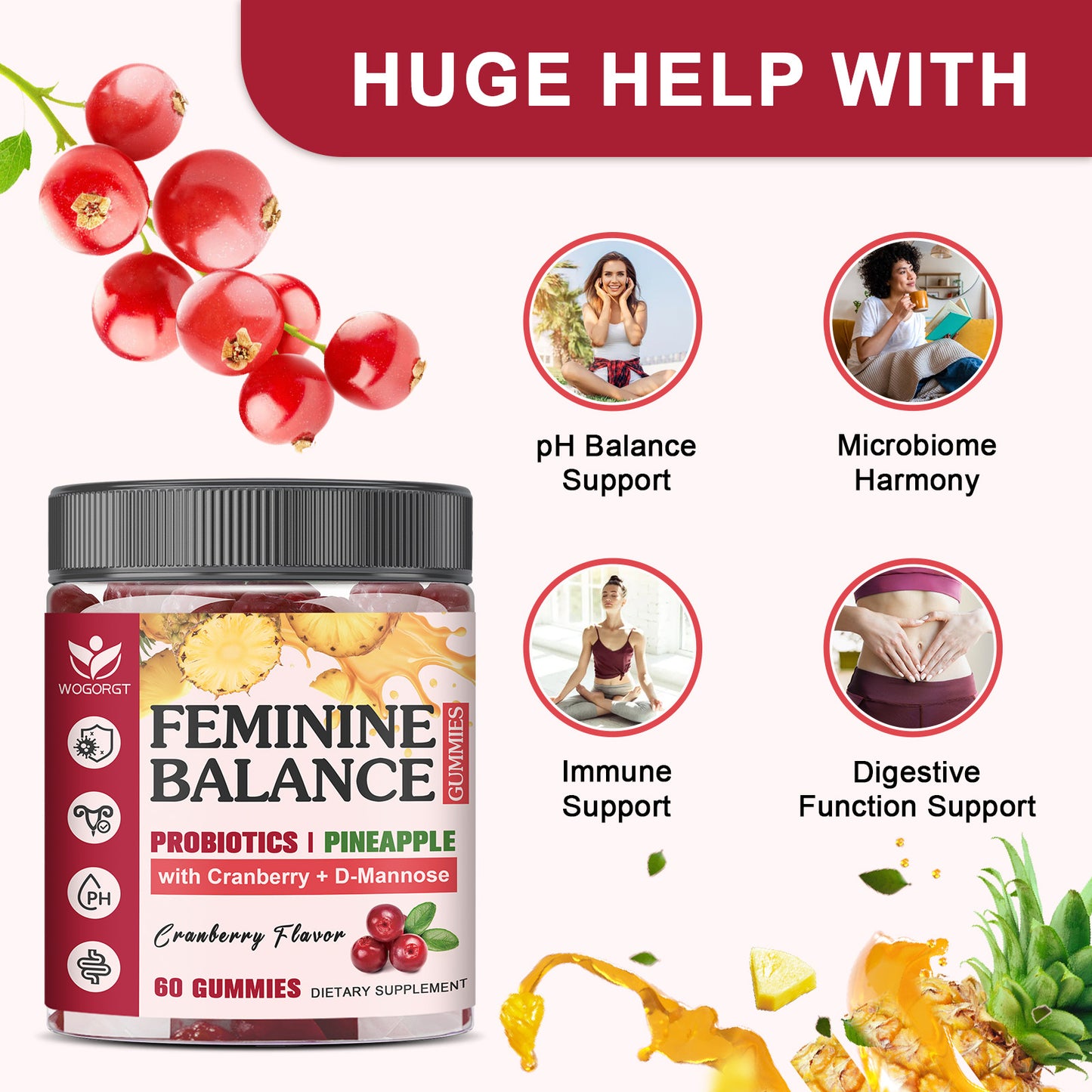 (1pack) Premium Feminine Balance Gummies for Women - Pineapple Probiotics Gummies with Cranberry Extract and D-Mannose, pH Balance Support, Freshness, Sugar Free, Vegan, Cranberry Flavor - 60 Gummies