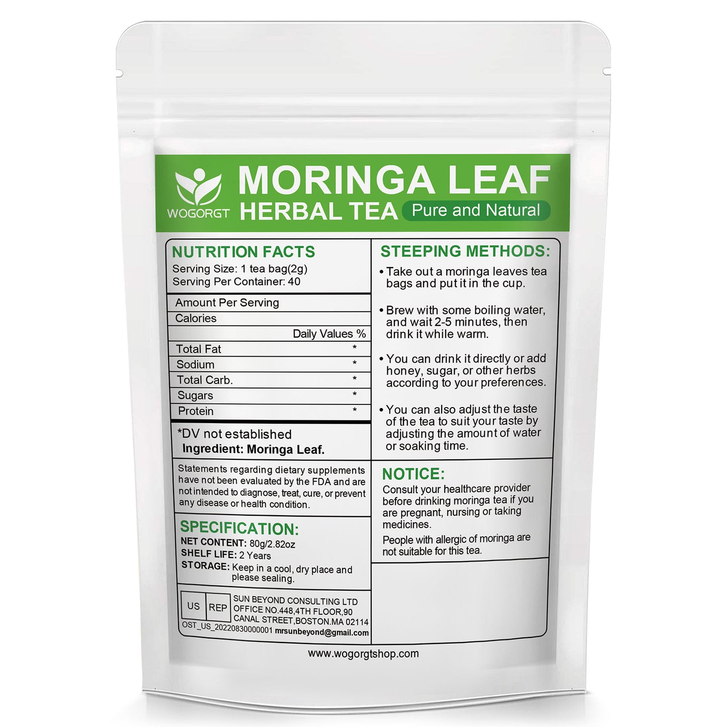Organic Moringa Tea Bags - Pure Moringa Leaves Herbal Tea from India - Rich in Natural Antioxidants & Supports Daily Wellness - Caffeine Free, Sugar Free, Vegan - 40 Tea Bags