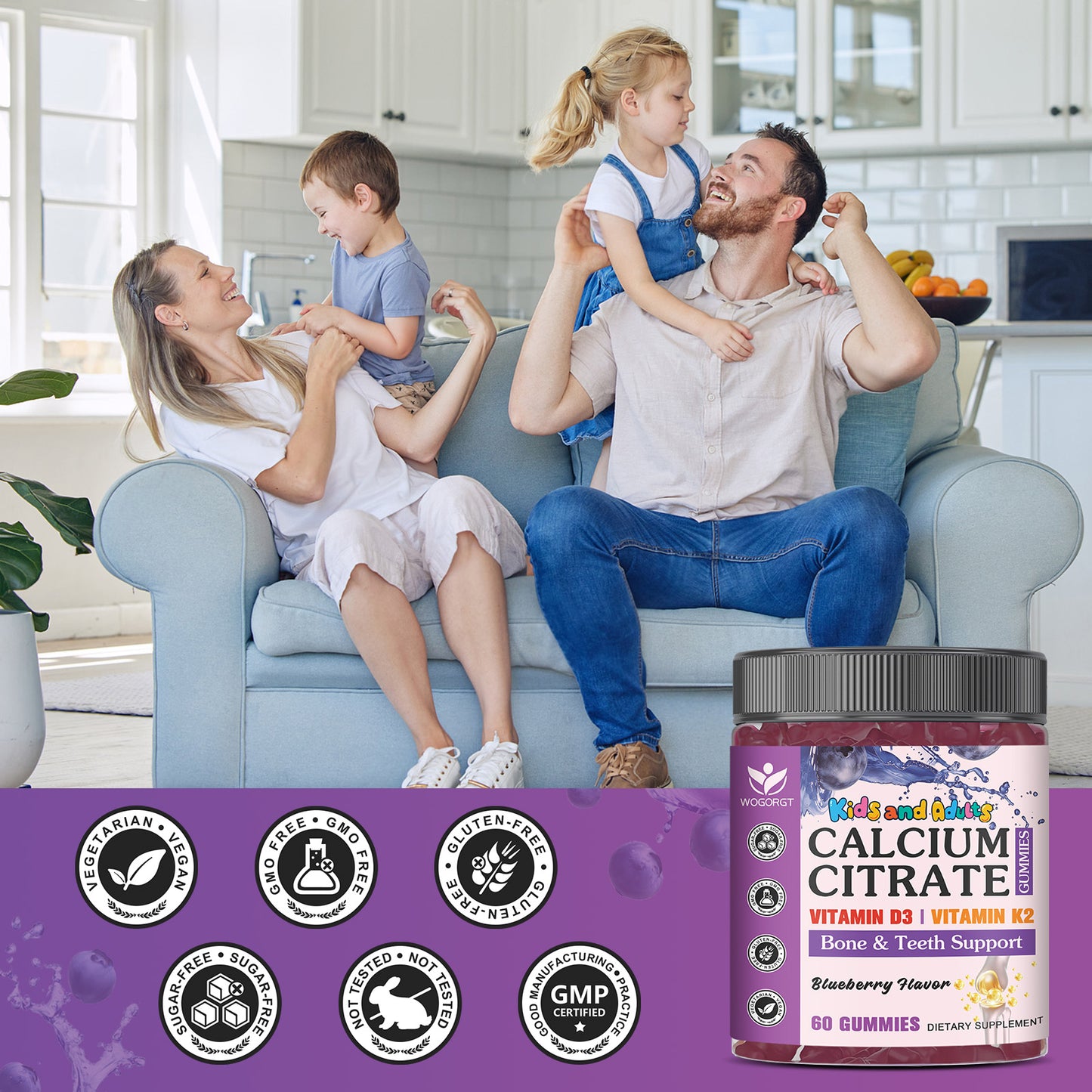 (1pack) Kids Calcium Gummies - 600mg / 1200mg Calcium Citrate Gummies Supplement with Vitamin D3 & K2 for Kids & Adults - Bone, Teeth, Immune Support - Vegan, Sugar Free, Blueberry Flavor, 60 Ct