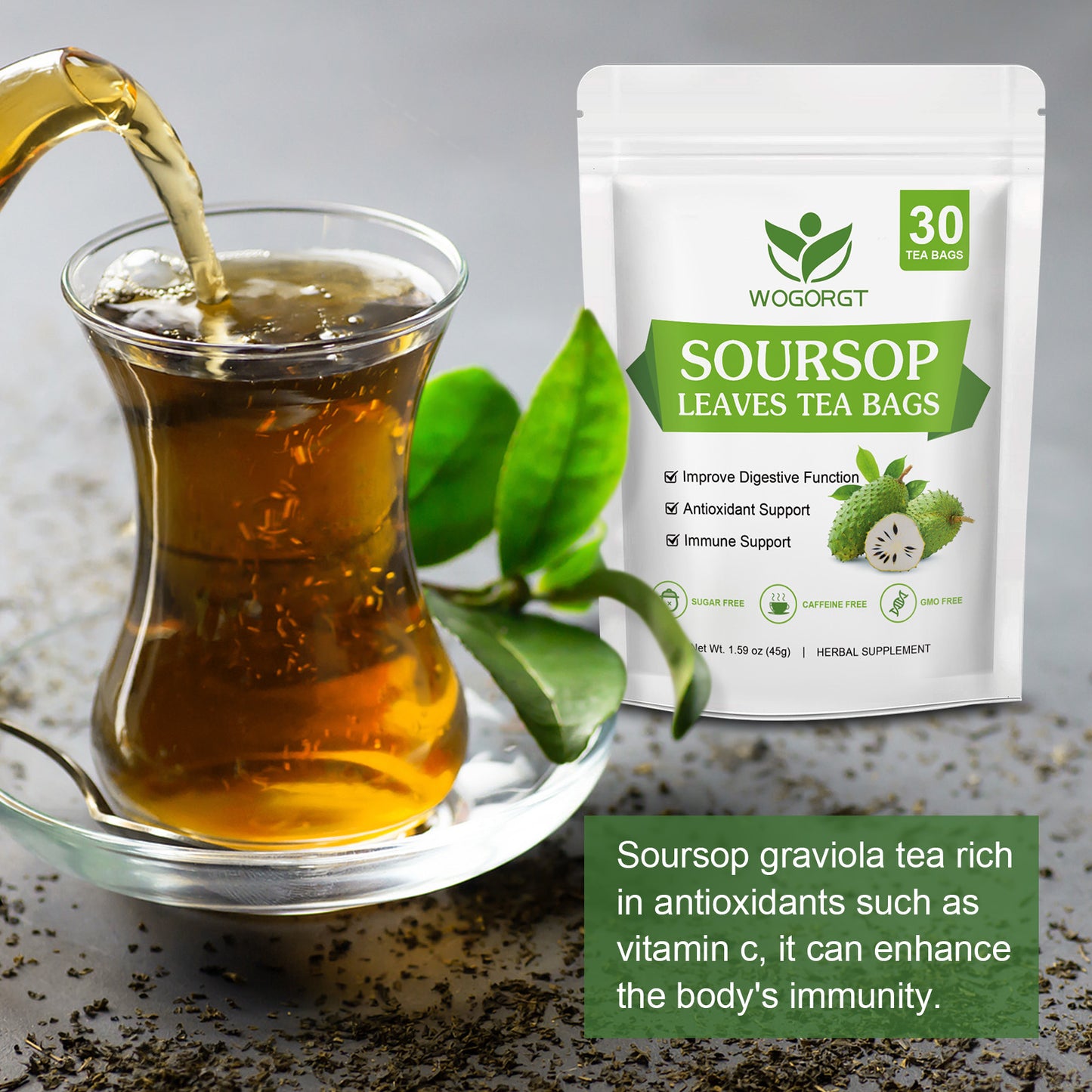 Natural Soursop Leaves Tea - Dried Soursop Graviola Leaves Herbal Tea bags for Immune Support, Antioxidant - Guanabana Leaves - Caffeine Free - 30 Tea Bags
