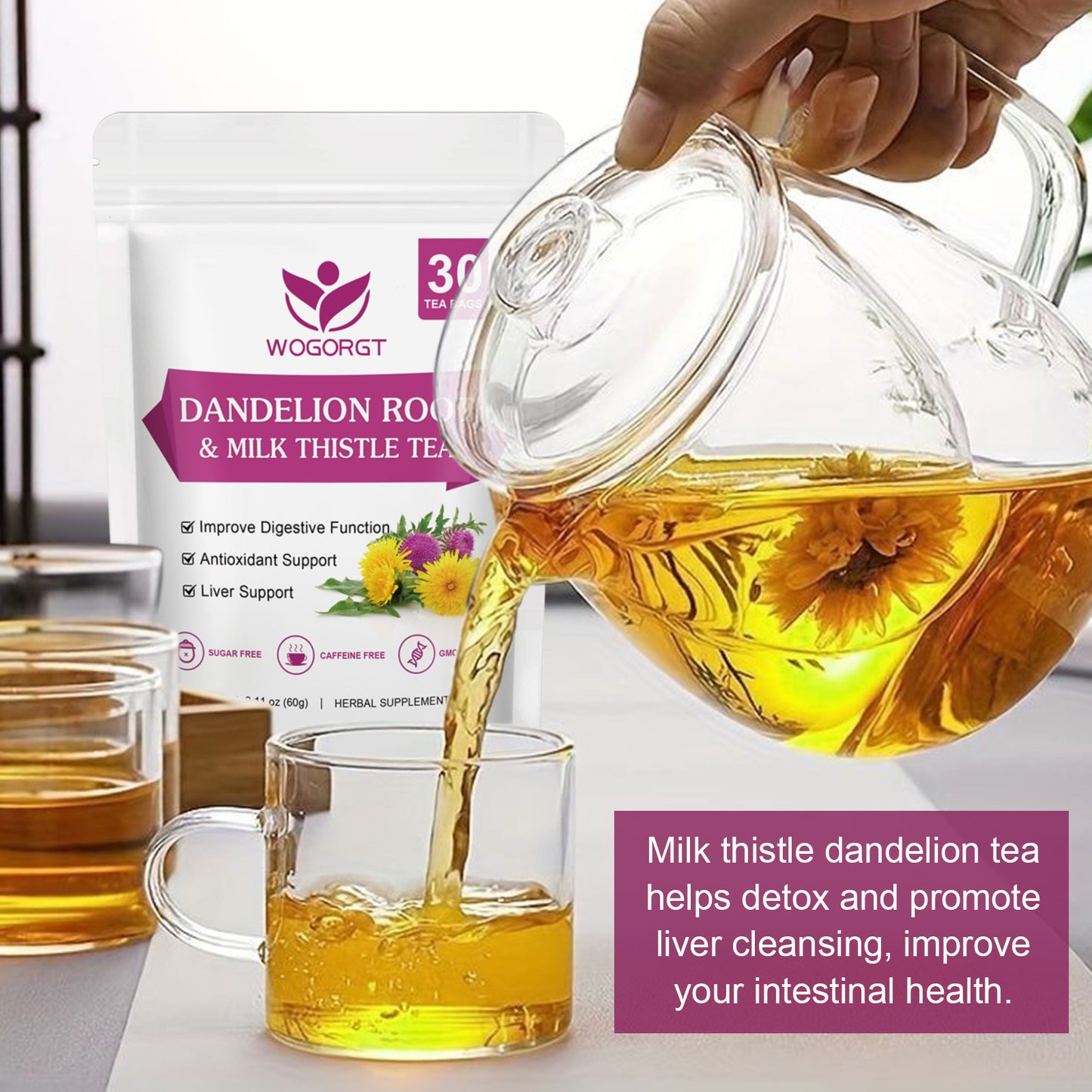 Dried Dandelion Root with Milk Thistle Tea - Natural Dandelion Root and Milk Thistle Herbal Tea bags for Liver Cleanse, Antioxidant and Immune Support, Caffeine Free - 30 Tea Bags