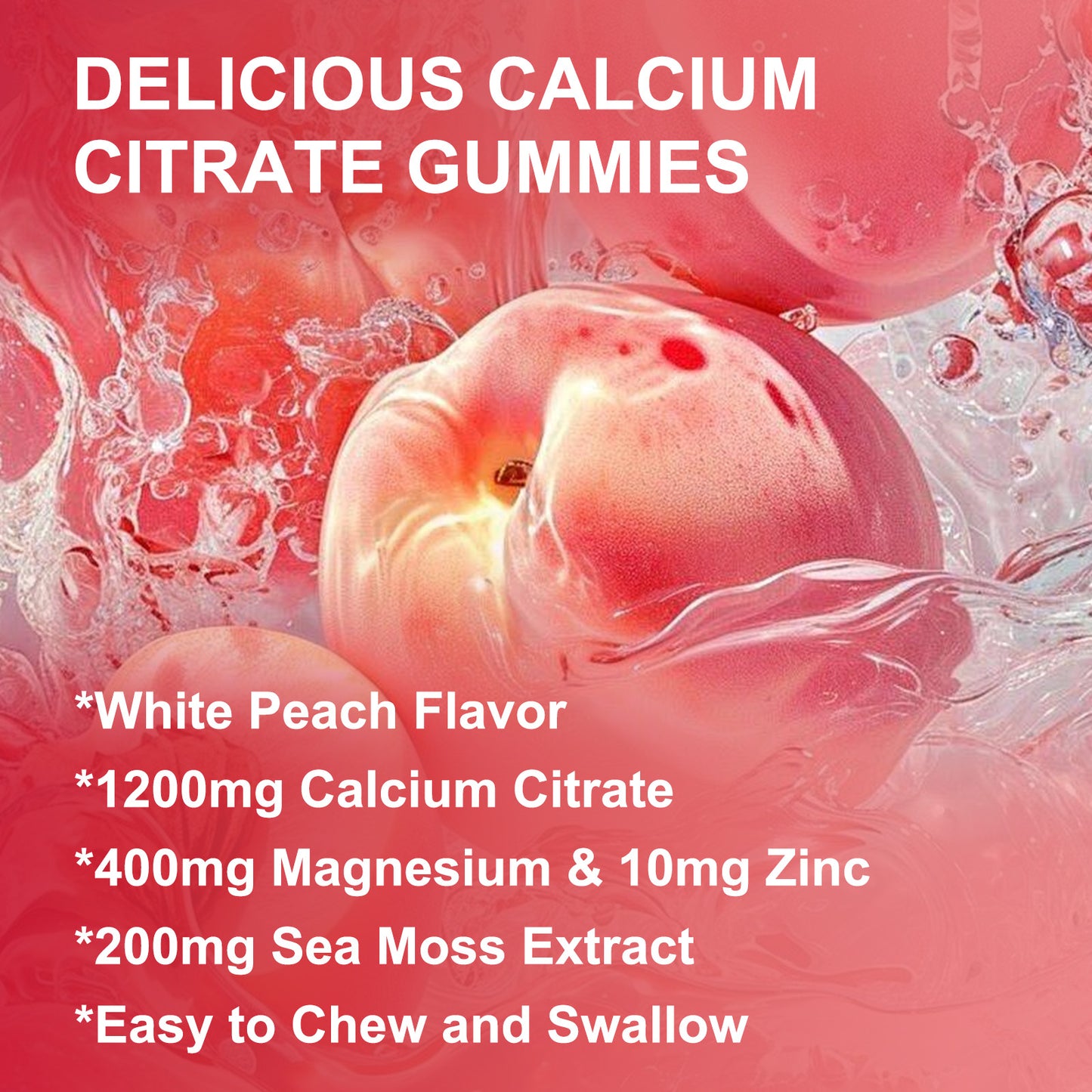 (2Pack) Calcium Citrate 1200mg Gummies with Vitamin D3 K2 - Chewable Calcium Magnesium Zinc d3 Supplement with Sea Moss Extract for Bone, Teeth, Immune Support for Women & Men, White Peach Flavor - 60 Gummies