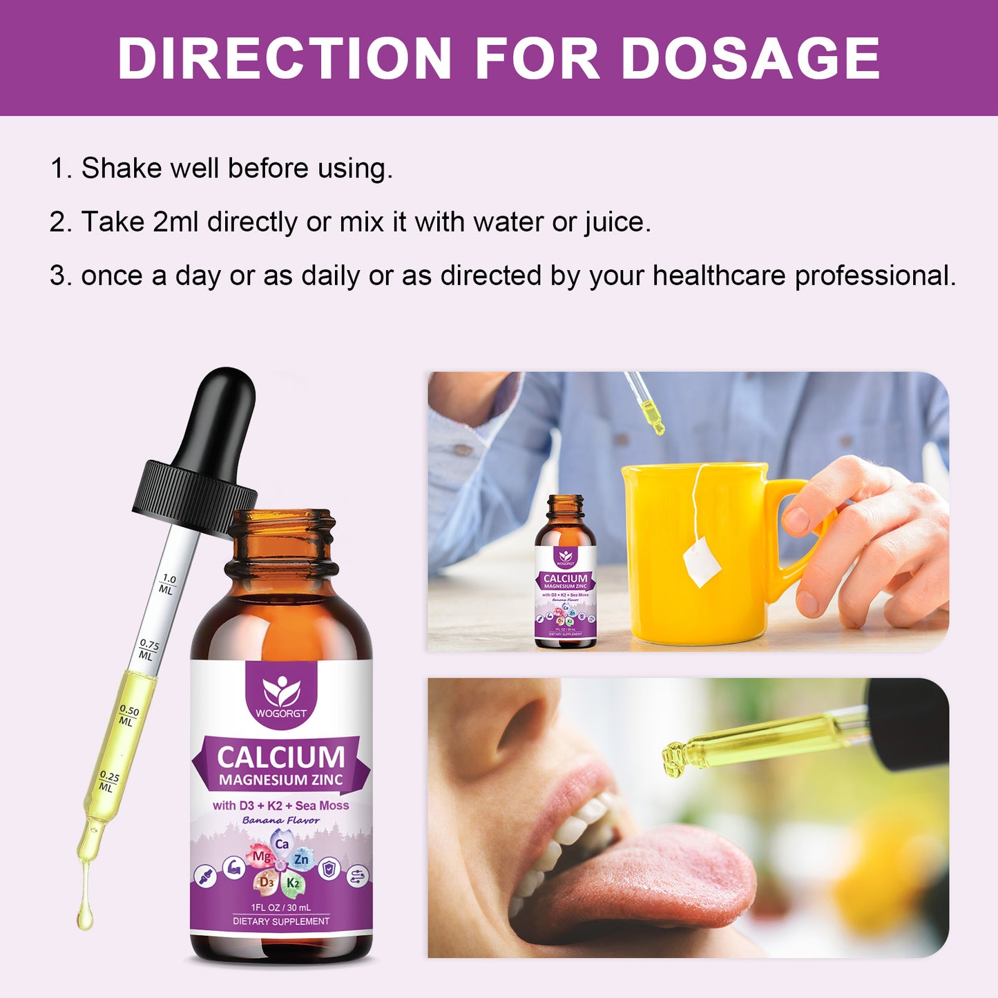 (2 Pack) Calcium Magnesium Zinc Liquid Drops with Vitamin D3 K2, Sea Moss Extract, High Absorption Calcium Citrate Liquid Supplement for Bone, Muscles, Immune & Sleep Support, Banana Flavor - 1 Fl Oz