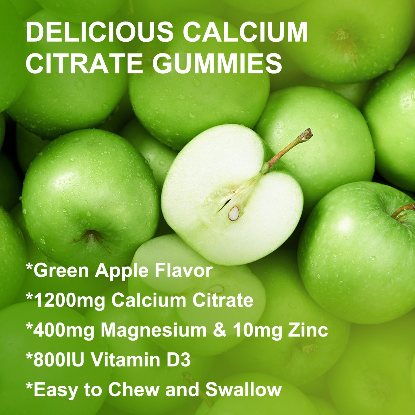 (2Pack) Calcium Citrate 1200mg Supplement with Vitamin D3 Gummies for Women and Men - Chewable Calcium Magnesium Zinc D3 K2 Supplement for Bone, Teeth, Immune Support, Apple Flavor - 60 Gummies