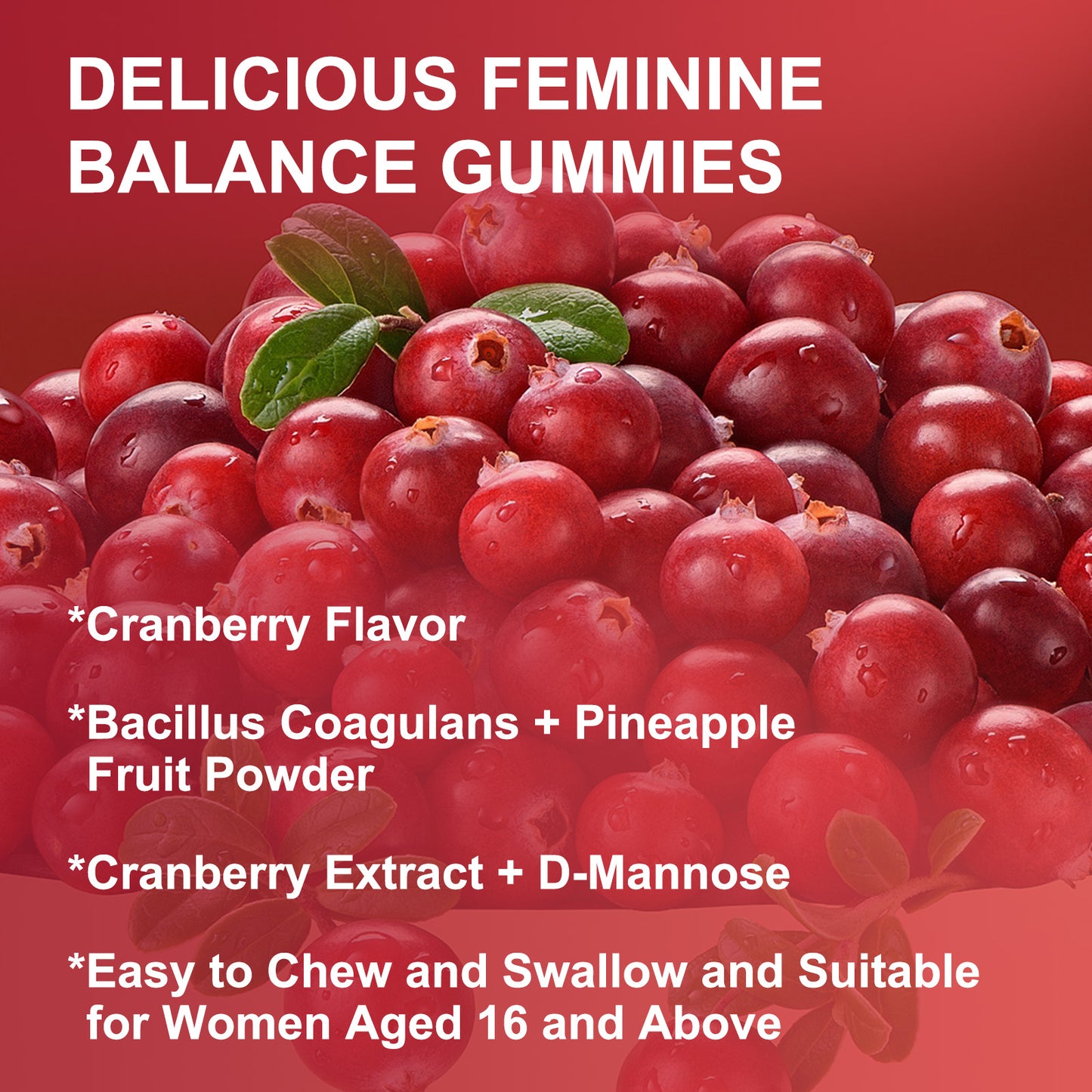 (1pack) Premium Feminine Balance Gummies for Women - Pineapple Probiotics Gummies with Cranberry Extract and D-Mannose, pH Balance Support, Freshness, Sugar Free, Vegan, Cranberry Flavor - 60 Gummies