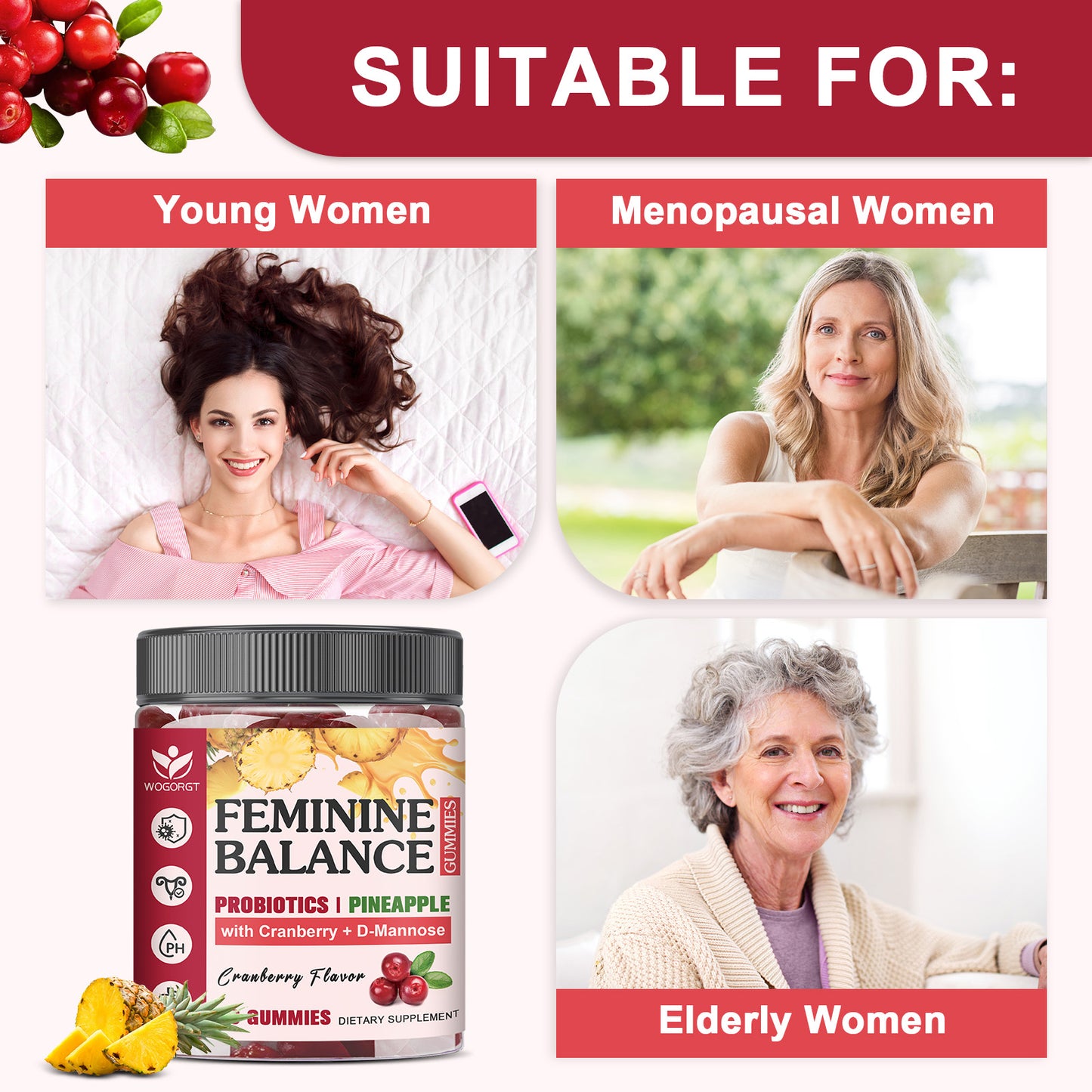 (1pack) Premium Feminine Balance Gummies for Women - Pineapple Probiotics Gummies with Cranberry Extract and D-Mannose, pH Balance Support, Freshness, Sugar Free, Vegan, Cranberry Flavor - 60 Gummies