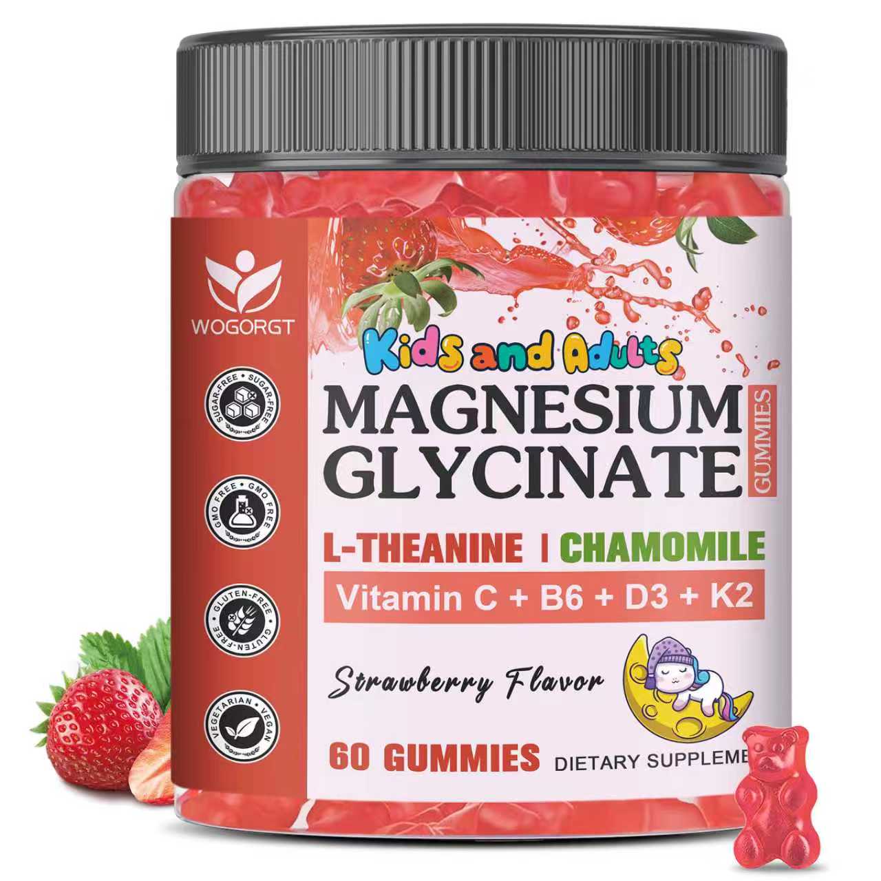 (1pack) Magnesium Glycinate Gummies for Kids & Adults - Relaxation & Cognition Support - 400/200mg Magnesium Supplement with L-Theanine, Chamomile, B6, D3 & K2 - Vegan, Sugar Free, Strawberry Flavor - 60 Gummies