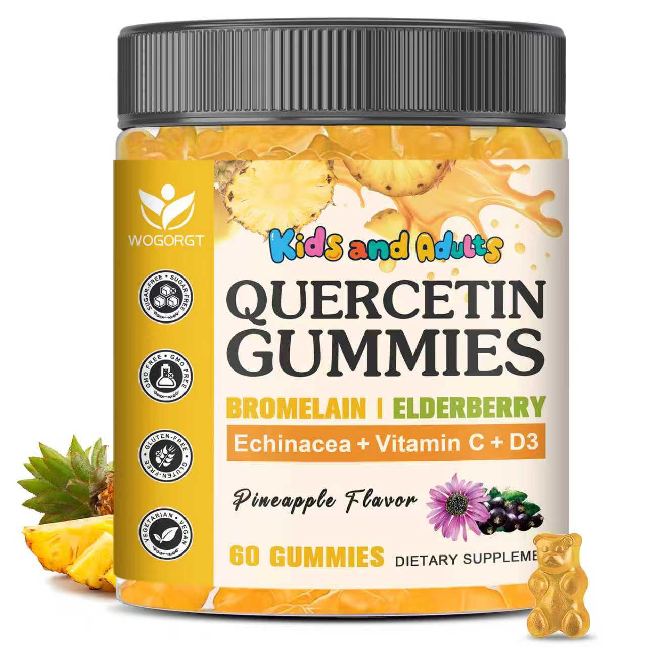 (1pack) Quercetin Gummies for Adults & Kids - 800mg Quercetin with Bromelain, Zinc, Elderberry, Vitamin C & D3 - lmmune & Seasonal Wellness Support - Sugar Free, Vegan, Pineapple Flavor - 60 Gummies