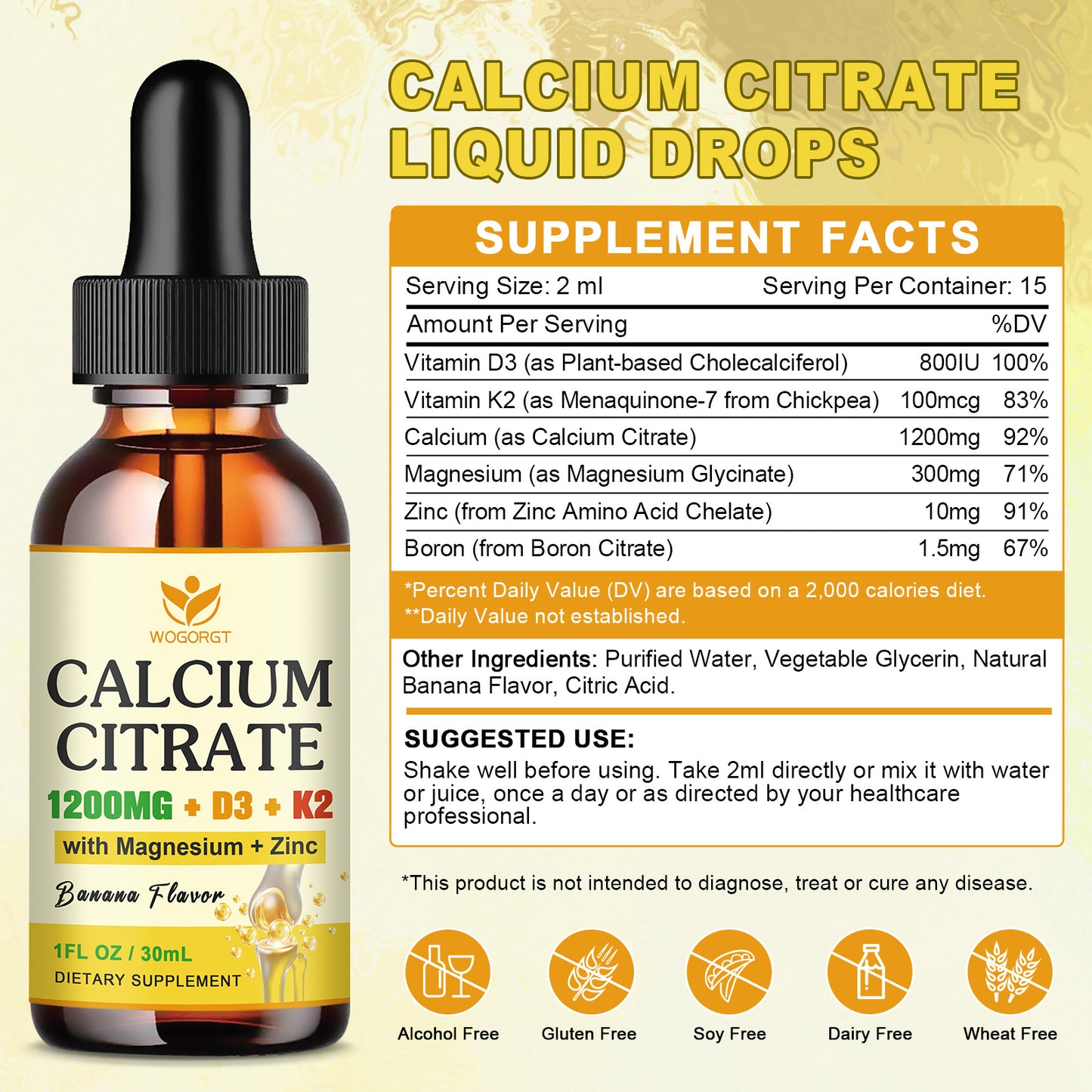 (2 Pack)Calcium Citrate 1200mg Liquid Supplement with Vitamin D3 for Women & Men - Calcium Magnesium Zinc D3 K2 Supplement for Bone, Teeth, Immune Support - Sugar Free, Vegan, Banana Flavor - 1 Fl Oz