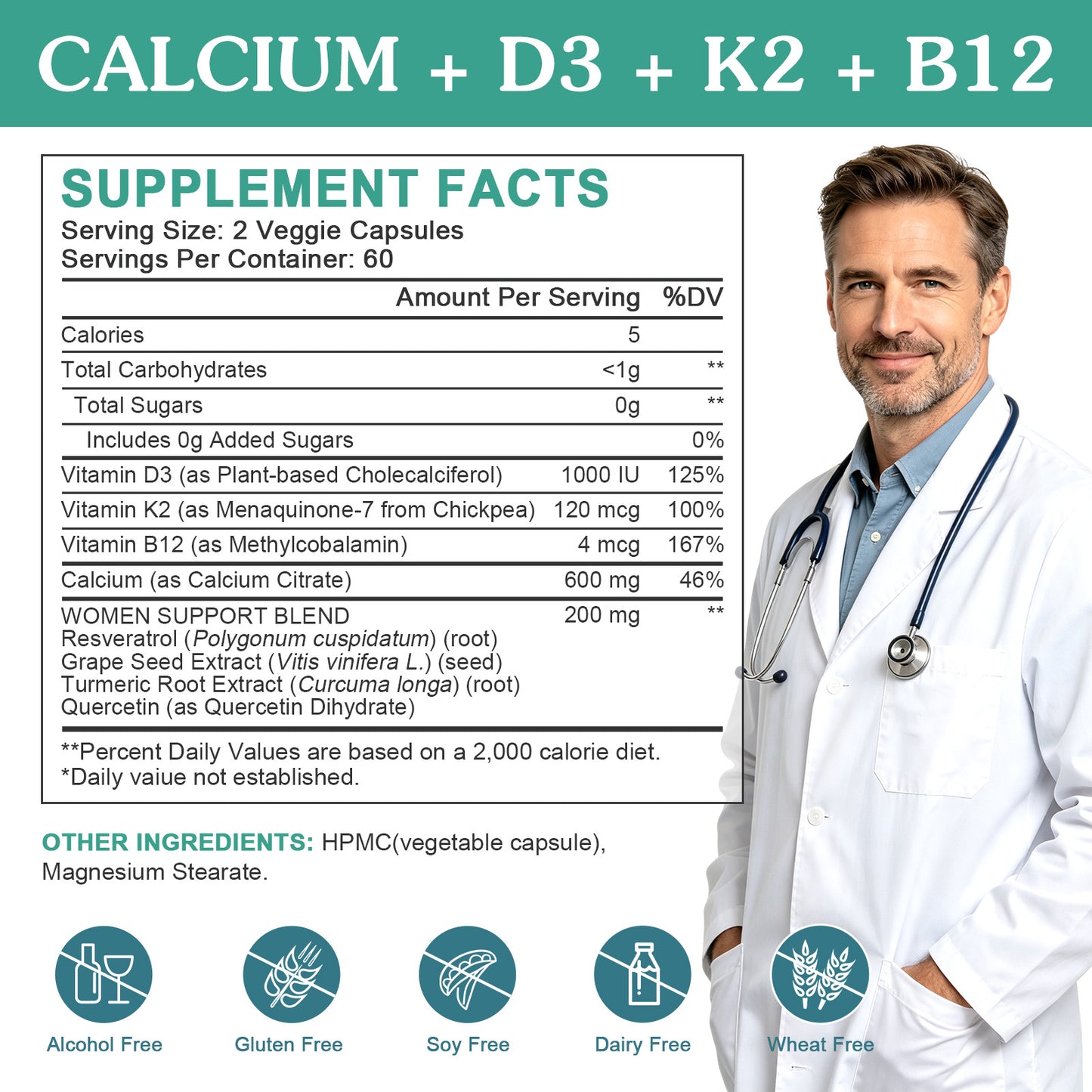 (1Pack) 600mg Calcium D3 K2 B12 Supplement for Women, Calcium Citrate with Vitamin D3 K2 B12, Resveratrol, Grape Seed Extract for Bone & Teeth Support, Sugar Free, Vegan, 120Ct