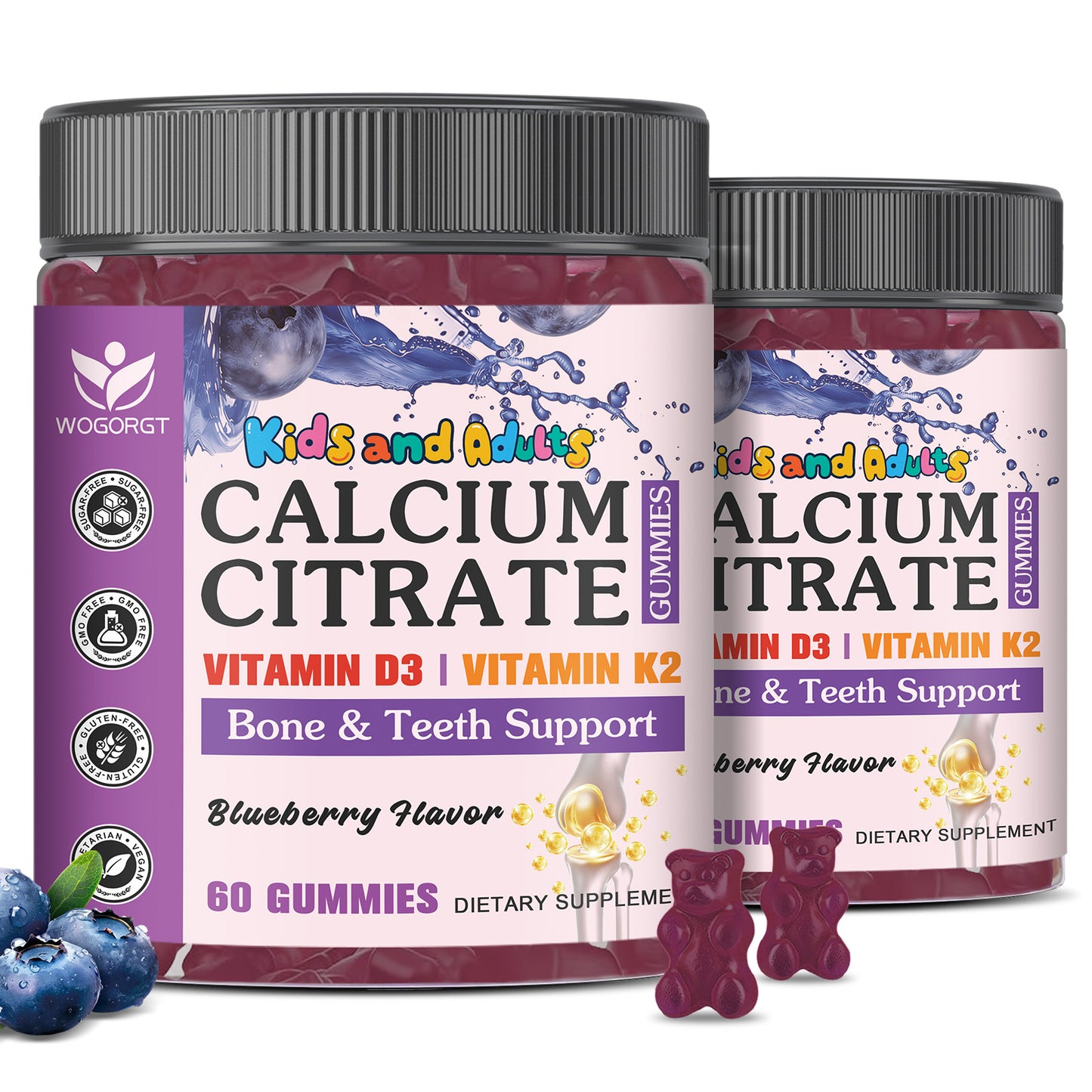 (2pack) Kids Calcium Gummies - 600mg / 1200mg Calcium Citrate Gummies Supplement with Vitamin D3 & K2 for Kids & Adults - Bone, Teeth, Immune Support - Vegan, Sugar Free, Blueberry Flavor, 60 Ct