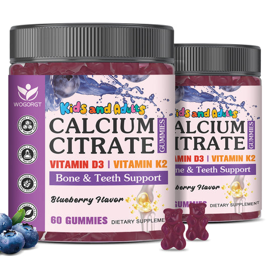 (2pack) Kids Calcium Gummies - 600mg / 1200mg Calcium Citrate Gummies Supplement with Vitamin D3 & K2 for Kids & Adults - Bone, Teeth, Immune Support - Vegan, Sugar Free, Blueberry Flavor, 60 Ct