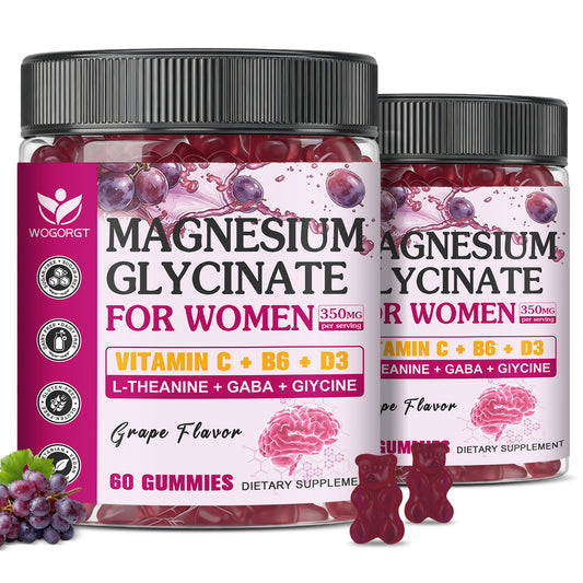 (2pack) Magnesium Glycinate Gummies for Women, Magnesium Glycinate 350 mg with L-theanine, GABA & Glycine, Magnesium Supplement for Women, Cognition Support, Sugar Free, Grape Flavor, 60 Ct