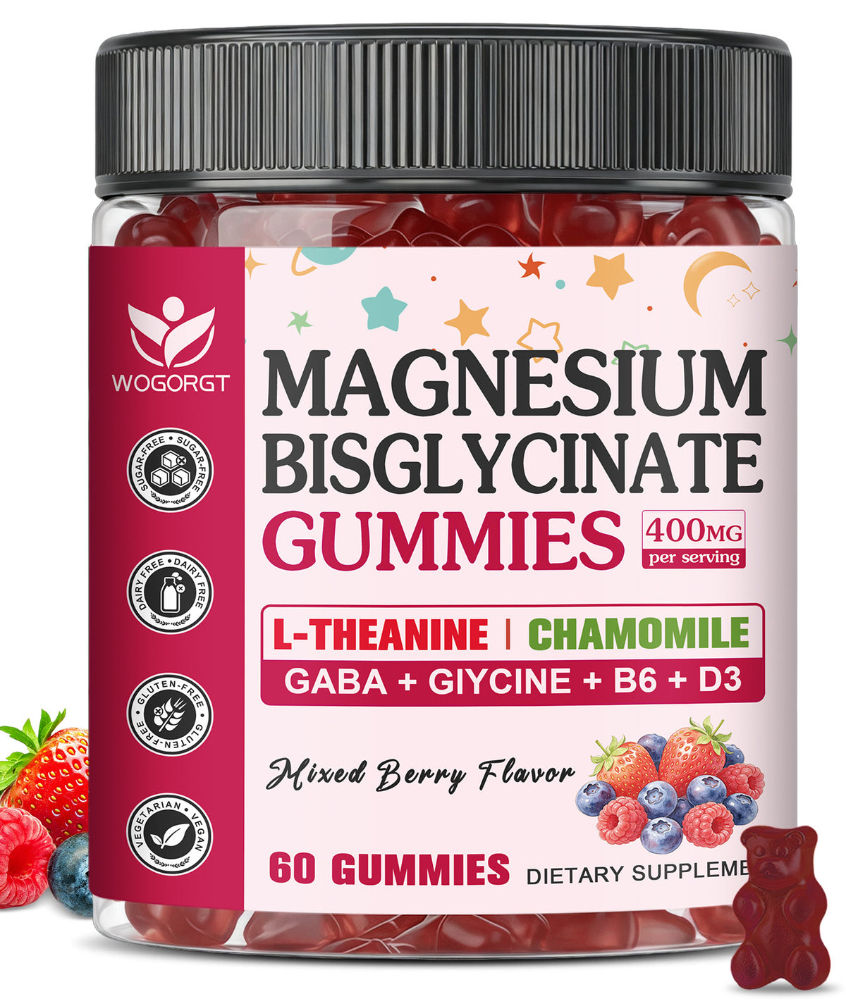 (1pack) Magnesium Bisglycinate Gummies 400mg, Magnesium Bisglycinate Chelated Supplement with L-theanine, GABA for Women & Men, Muscle, Focus Support, Mixed Berry Flavor, Sugar Free, 60 Ct