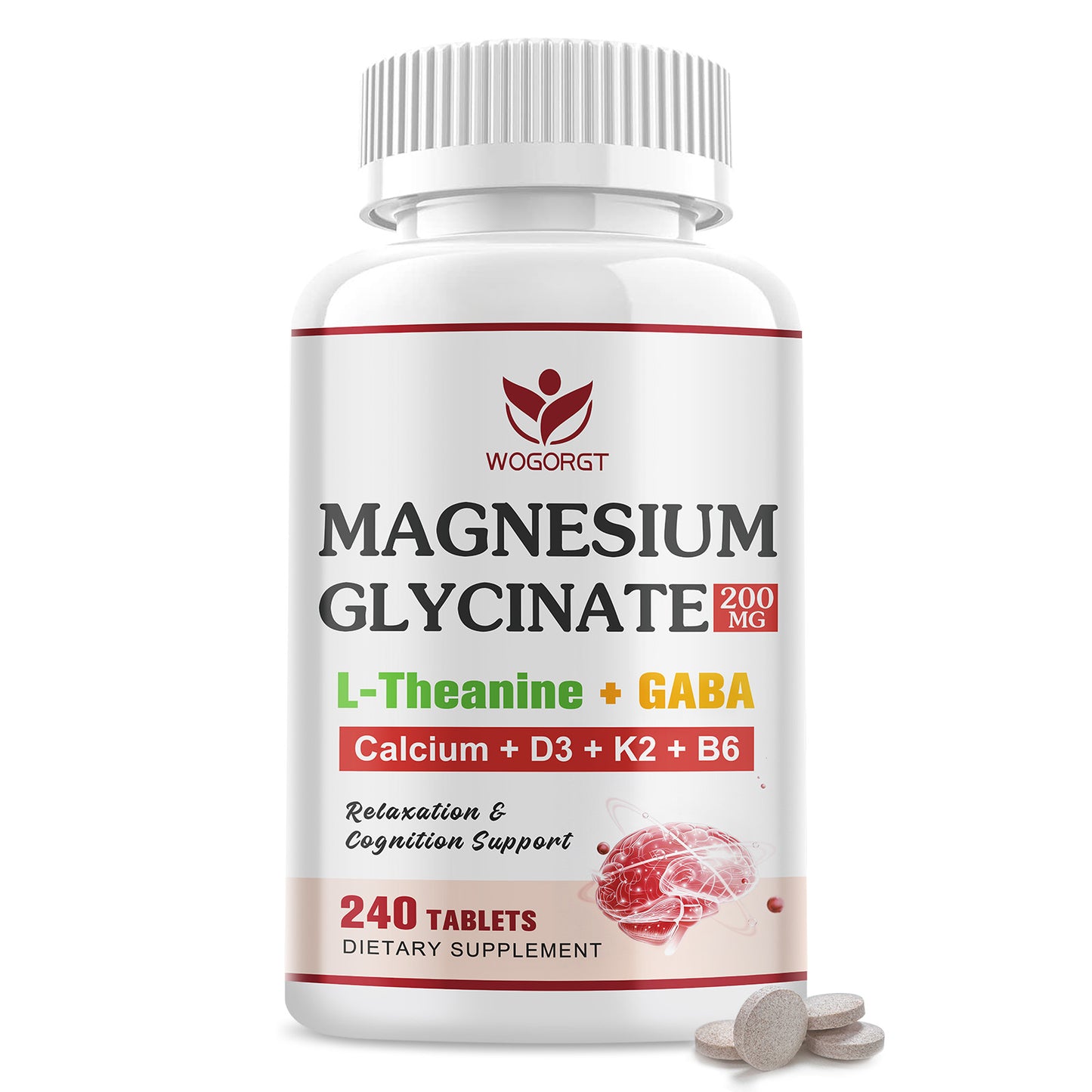 (1Pack) Magnesium Glycinate 200mg Supplement for Women & Men - Relaxation & Cognition Support - Magnesium Glycinate Supplement with L-Theanine, GABA, Chamomile, B6, D3 & K2, Vegan-Friendly - 240 Tablets