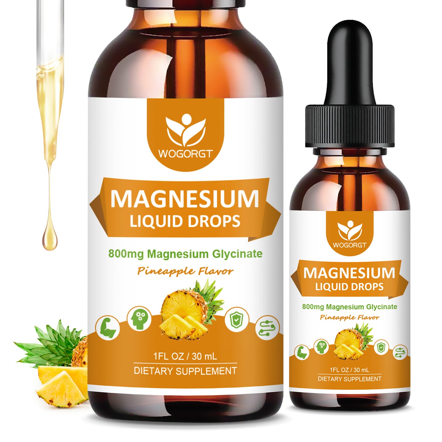 (2 Pack) Magnesium Glycinate Liquid Drops with Citrate & Taurate - High Absorption 1000mg Liquid Magnesium Complex with D3, GABA, L-theanine for Cognition, Calm, Mood & Sleep, Pineapple Flavor - 30mL