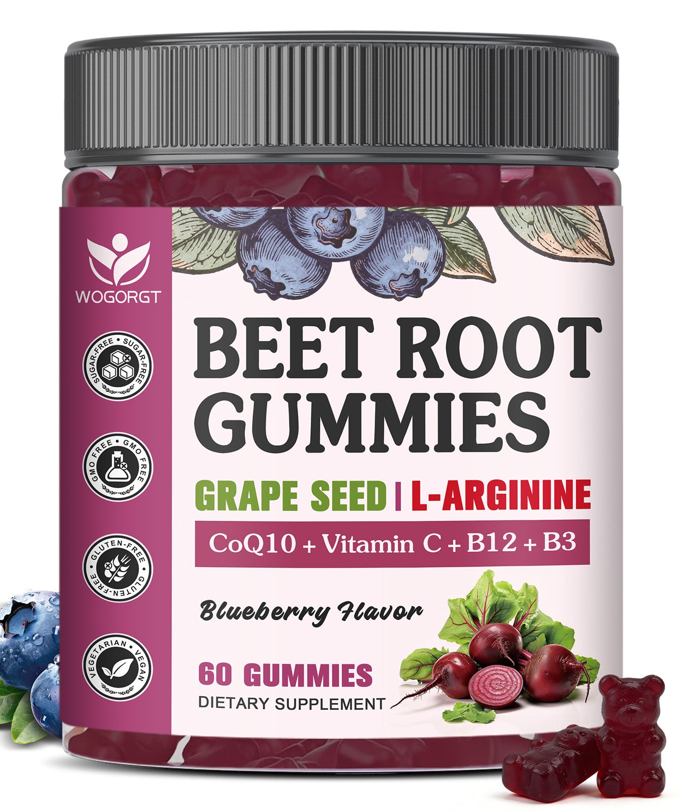 (1pack) Beet Root Gummies for Men & Women - Blood Pressure Support - Beetroot Supplement with Grape Seed Extract, CoQ10, L-Arginine, Vitamin C, B12 & B3 - Vegan, Sugar-Free, Blueberry Flavor, 60 Ct