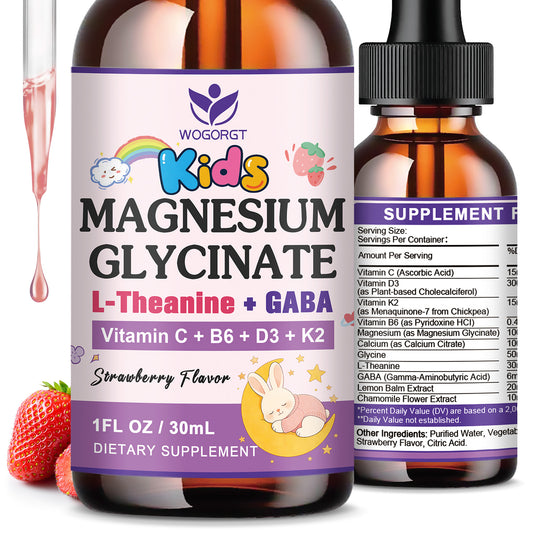 (2 Pack)Kids Magnesium Glycinate Drops - Relaxation & Cognition Support - 200/100mg Magnesium Glycinate Supplement with L-Theanine, GABA, B6, D3 & K2 - Vegan, Sugar Free, Strawberry Flavor - 1 Fl Oz