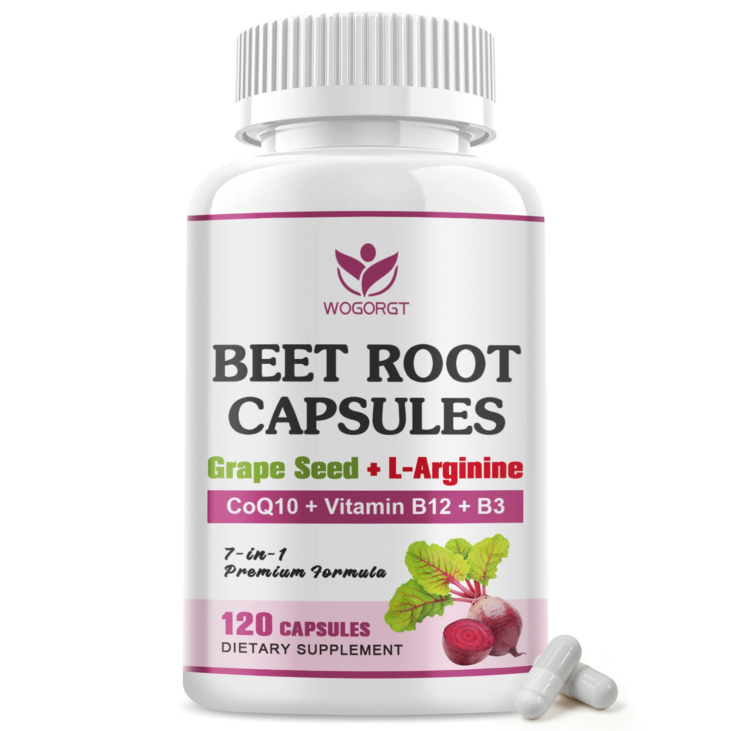 (1Pack) Beet Root Capsules - Blood Pressure Support - 800mg Beet Root Powder Supplement with Grape Seed Extract, CoQ10, L-Arginine, Vitamin B12 & B3 for Men & Women - Vegan, 120 Ct