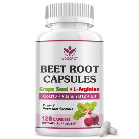 (1Pack) Beet Root Capsules - Blood Pressure Support - 800mg Beet Root Powder Supplement with Grape Seed Extract, CoQ10, L-Arginine, Vitamin B12 & B3 for Men & Women - Vegan, 120 Ct