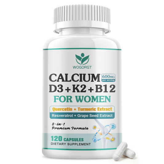 (1Pack) 600mg Calcium D3 K2 B12 Supplement for Women, Calcium Citrate with Vitamin D3 K2 B12, Resveratrol, Grape Seed Extract for Bone & Teeth Support, Sugar Free, Vegan, 120Ct