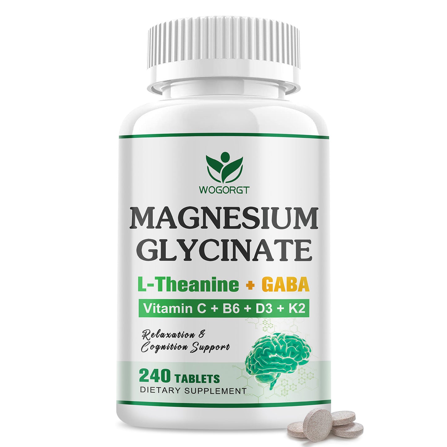 (1Pack) Magnesium Glycinate and L-Theanine Supplement - Relaxation & Cognition Support - 400mg Magnesium Supplement with L-Theanine, GABA, Chamomile, B6, D3 & K2 for Adults & Teens, Vegan - 240 Tablets