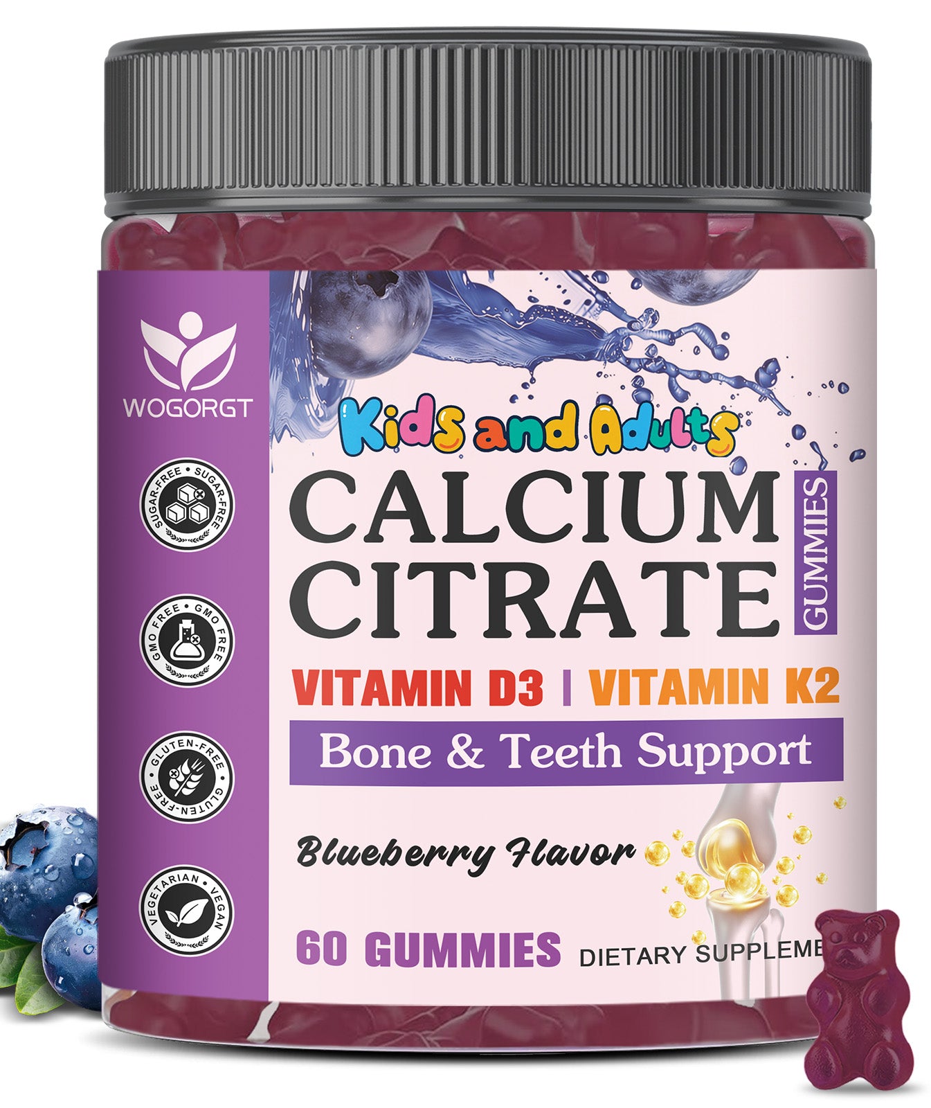 (1pack) Kids Calcium Gummies - 600mg / 1200mg Calcium Citrate Gummies Supplement with Vitamin D3 & K2 for Kids & Adults - Bone, Teeth, Immune Support - Vegan, Sugar Free, Blueberry Flavor, 60 Ct