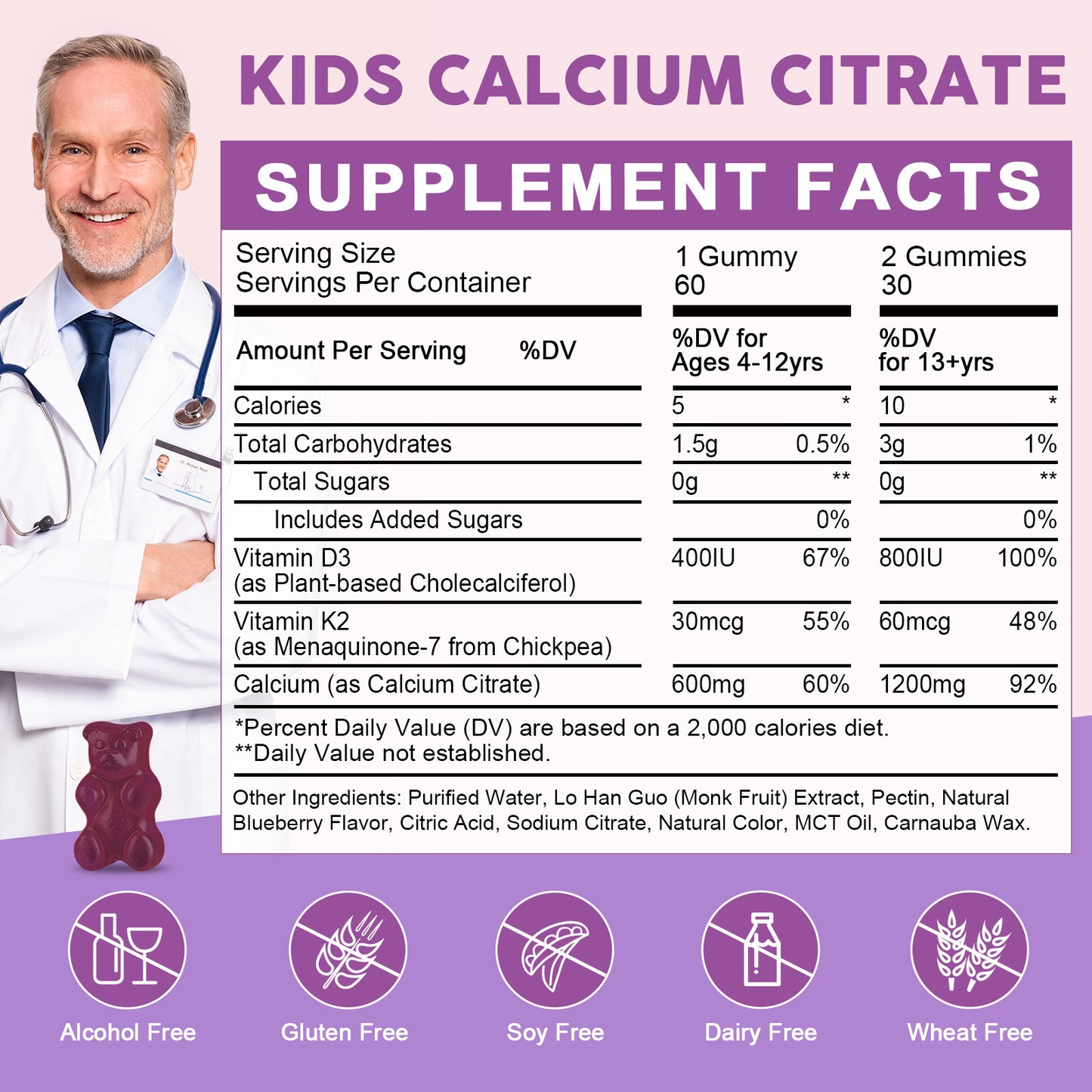 (2pack) Kids Calcium Gummies - 600mg / 1200mg Calcium Citrate Gummies Supplement with Vitamin D3 & K2 for Kids & Adults - Bone, Teeth, Immune Support - Vegan, Sugar Free, Blueberry Flavor, 60 Ct