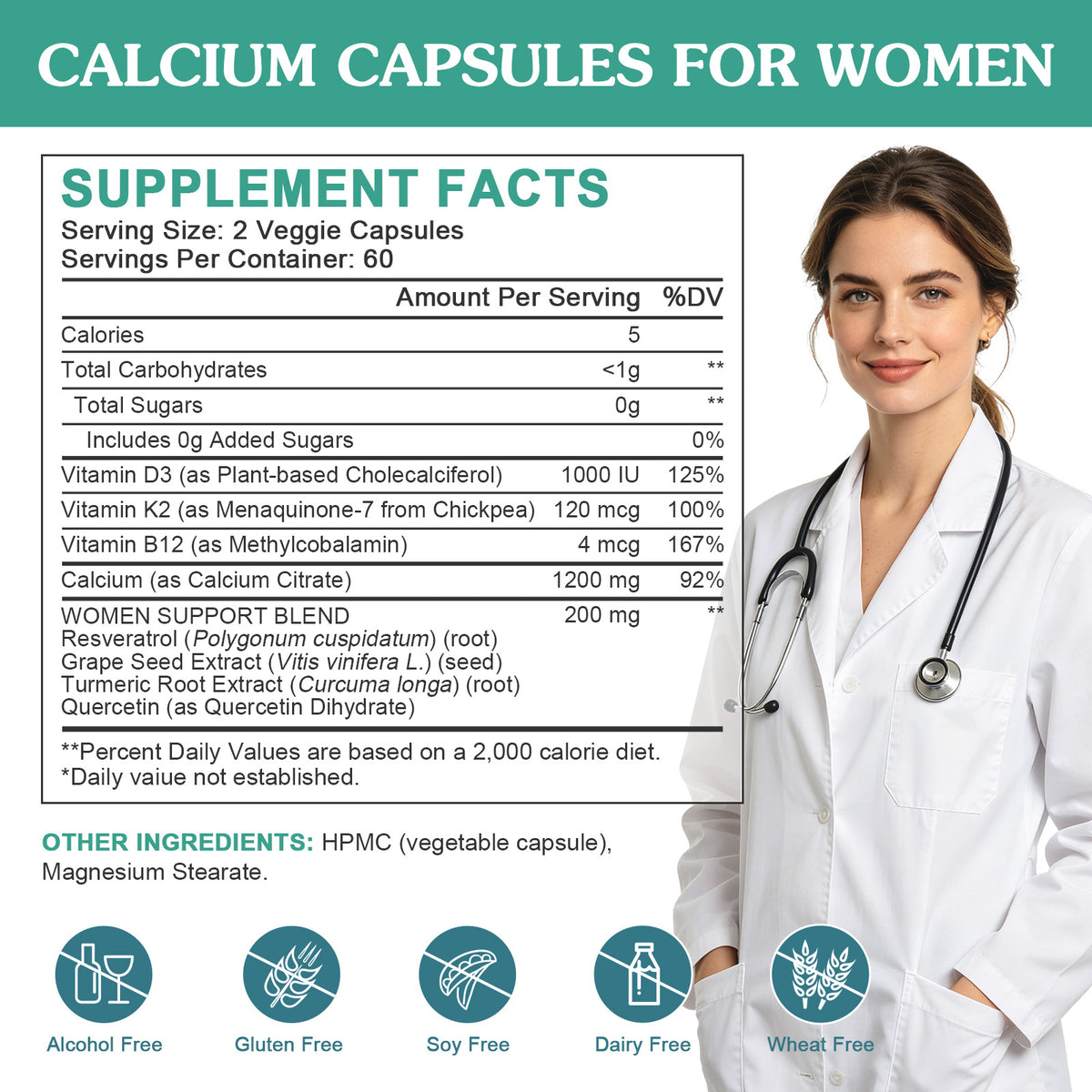 (1Pack) 1200mg Calcium D3 K2 B12 Supplement for Women, Calcium Citrate with Vitamin D3 K2 B12, Resveratrol, Grape Seed Extract for Bone & Teeth Support, Sugar Free, Vegan, 120Ct