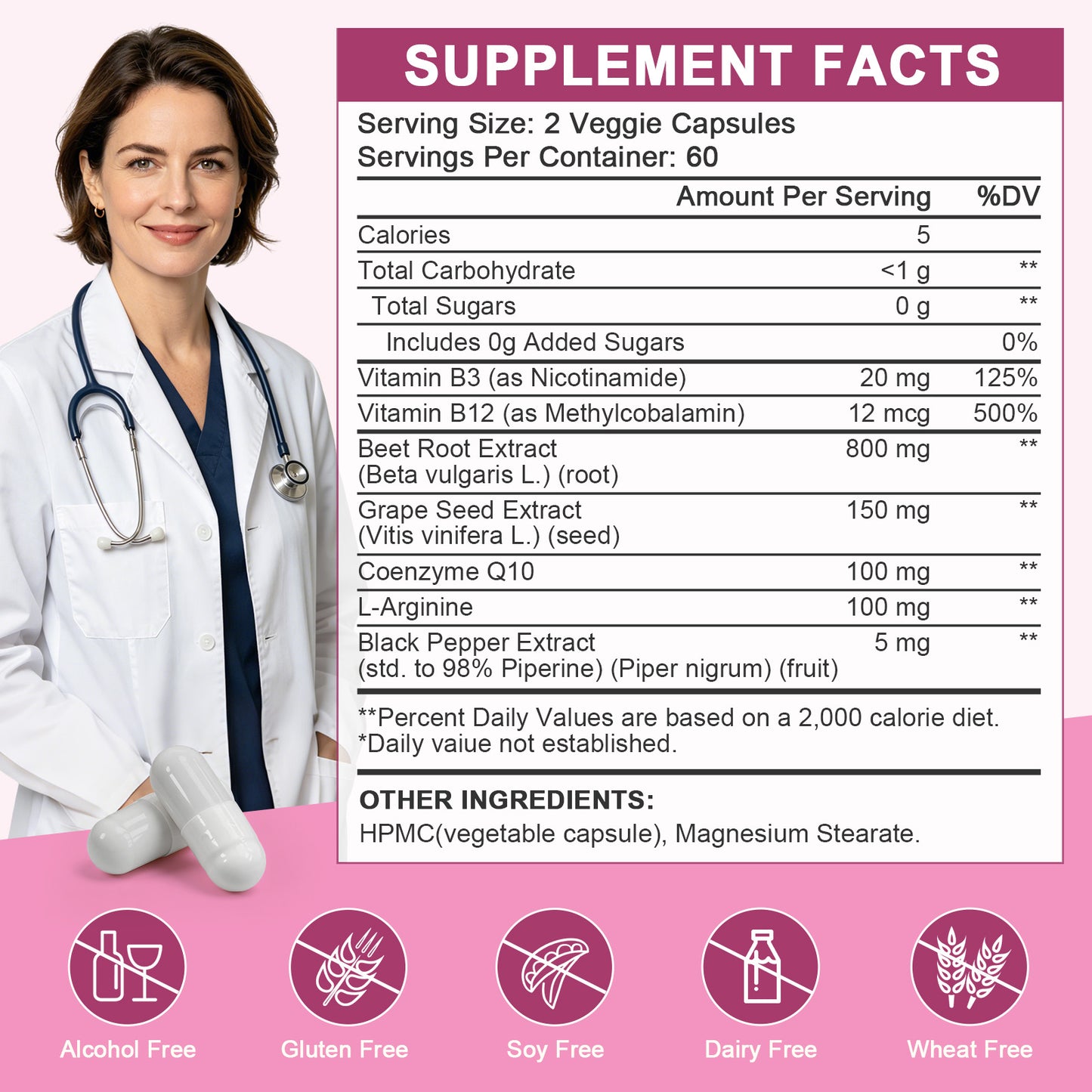 (1Pack) Beet Root Capsules - Blood Pressure Support - 800mg Beet Root Powder Supplement with Grape Seed Extract, CoQ10, L-Arginine, Vitamin B12 & B3 for Men & Women - Vegan, 120 Ct
