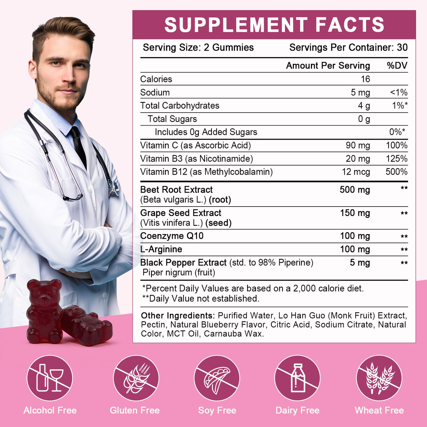 (1pack) Beet Root Gummies for Men & Women - Blood Pressure Support - Beetroot Supplement with Grape Seed Extract, CoQ10, L-Arginine, Vitamin C, B12 & B3 - Vegan, Sugar-Free, Blueberry Flavor, 60 Ct