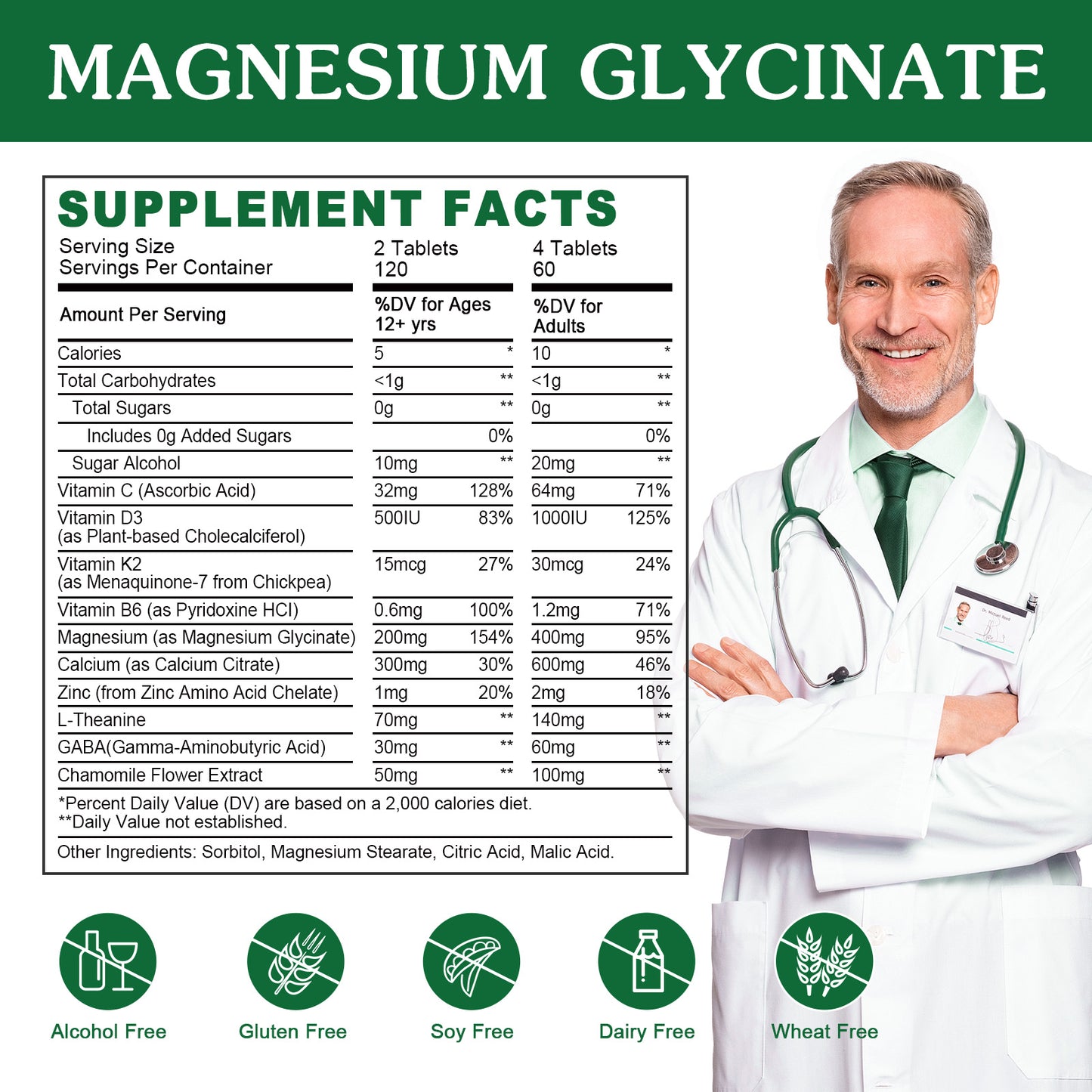 (1Pack) Magnesium Glycinate and L-Theanine Supplement - Relaxation & Cognition Support - 400mg Magnesium Supplement with L-Theanine, GABA, Chamomile, B6, D3 & K2 for Adults & Teens, Vegan - 240 Tablets
