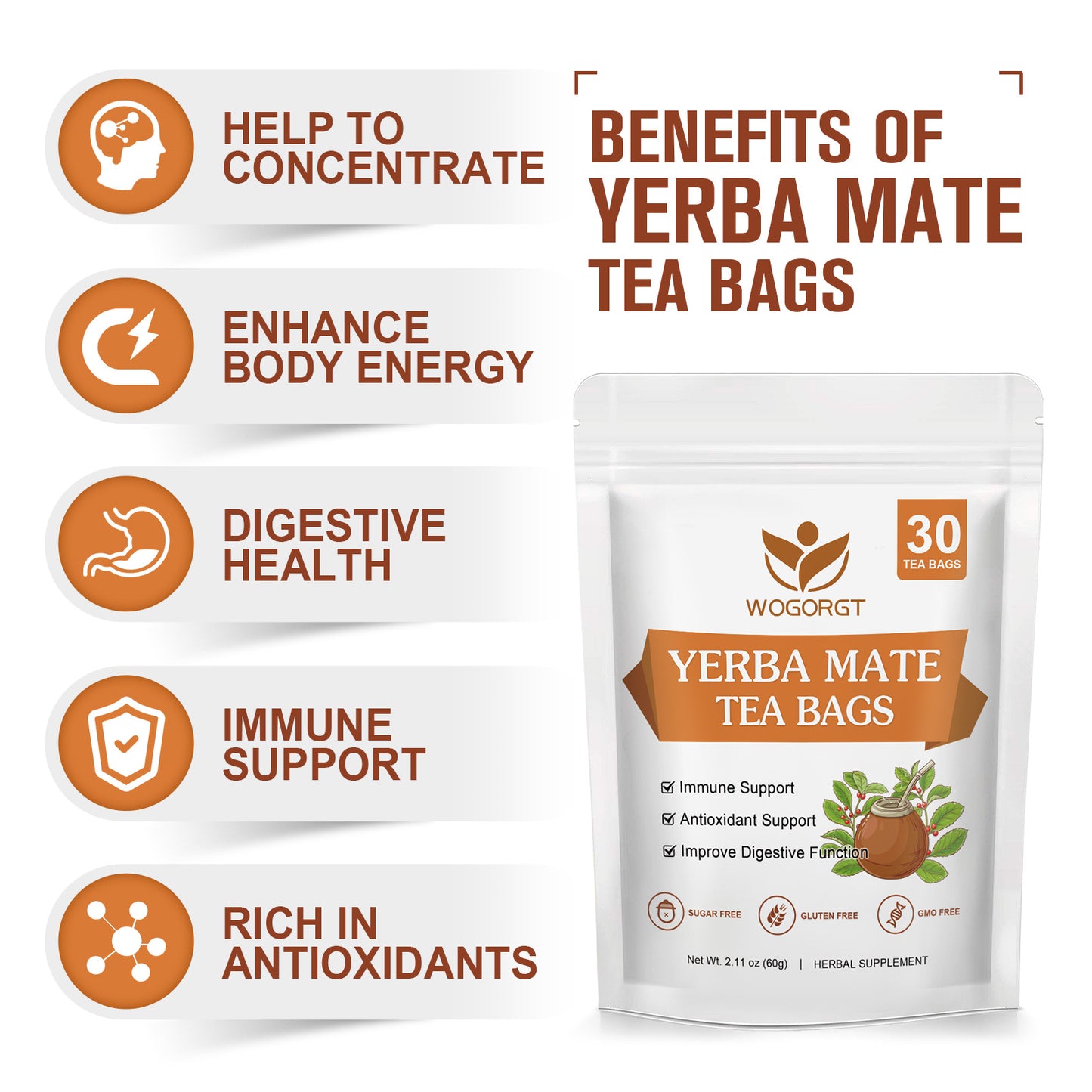 Yerba Mate Tea - Unsmoked Yerba Mate Herbal Tea Bags for Antioxidant, Detox, Digestion and Immune Support, Boost Energy - 30 Tea Bags