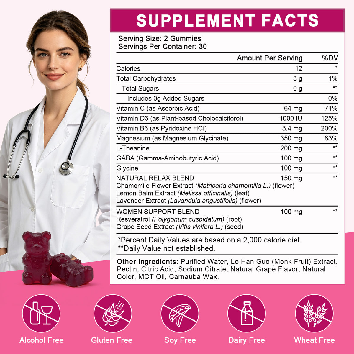 (1pack) Magnesium Glycinate Gummies for Women, Magnesium Glycinate 350 mg with L-theanine, GABA & Glycine, Magnesium Supplement for Women, Cognition Support, Sugar Free, Grape Flavor, 60 Ct