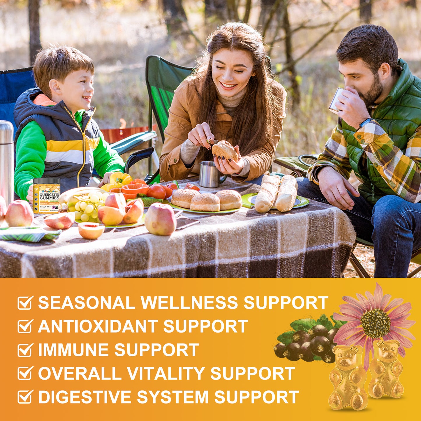 (1pack) Quercetin Gummies for Adults & Kids - 800mg Quercetin with Bromelain, Zinc, Elderberry, Vitamin C & D3 - lmmune & Seasonal Wellness Support - Sugar Free, Vegan, Pineapple Flavor - 60 Gummies