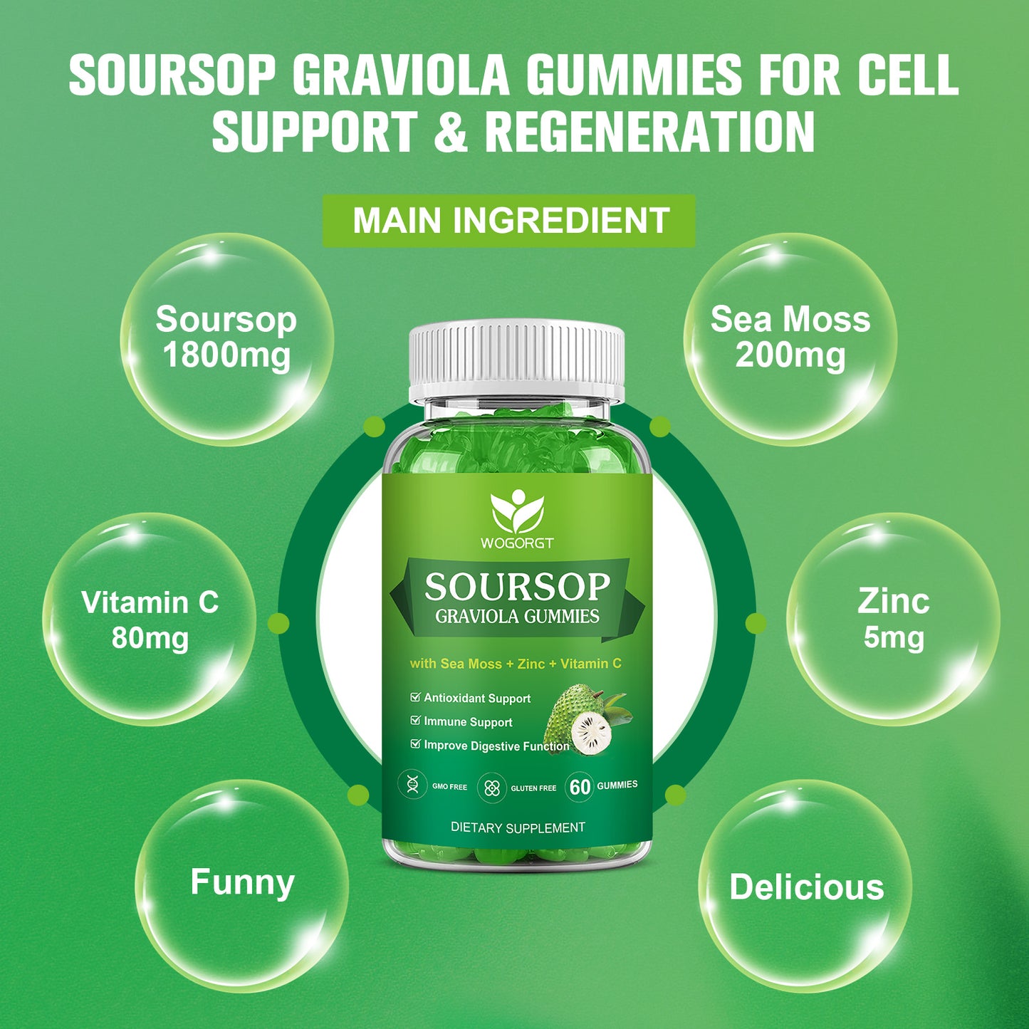 (1Pack)Soursop Graviola Gummies - 1800mg Soursop Leaves Extract Gummies with 200mg Sea Moss Extract for Antioxidant, Cell Support & Regeneration, Immune Support, Vegan, Apple Flavor - 60 Gummies