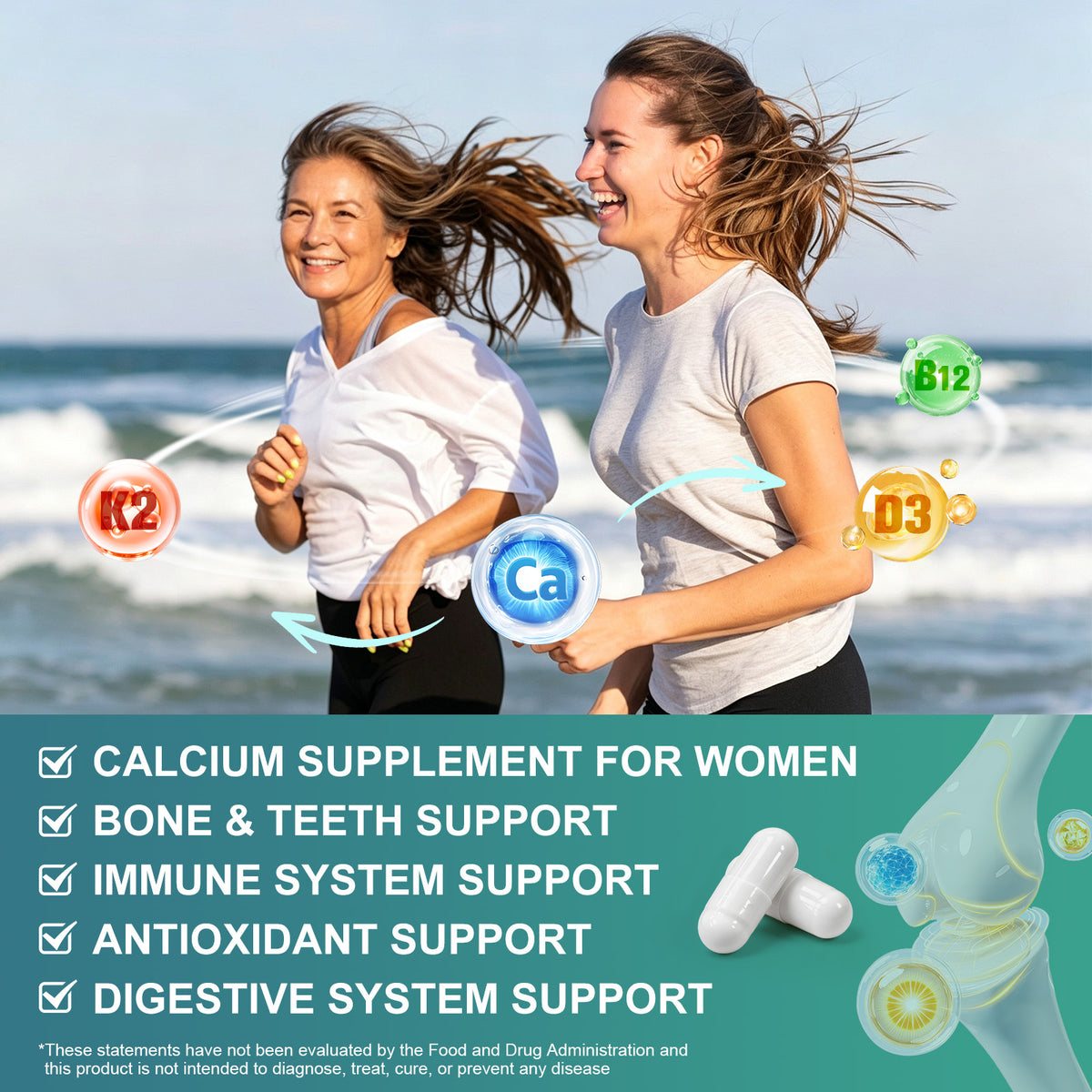 (1Pack) 1200mg Calcium D3 K2 B12 Supplement for Women, Calcium Citrate with Vitamin D3 K2 B12, Resveratrol, Grape Seed Extract for Bone & Teeth Support, Sugar Free, Vegan, 120Ct